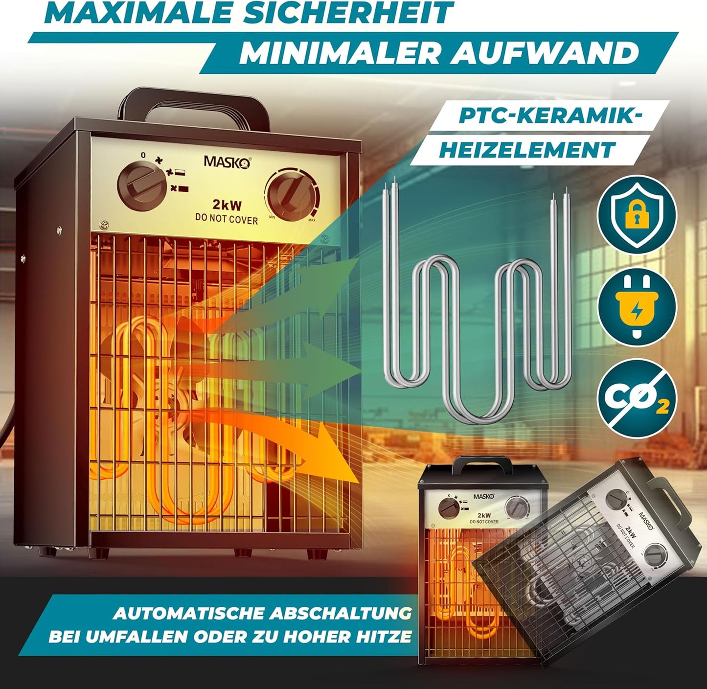 Elektroheizer mit Thermostat, 2 KW - Eckig Weiß