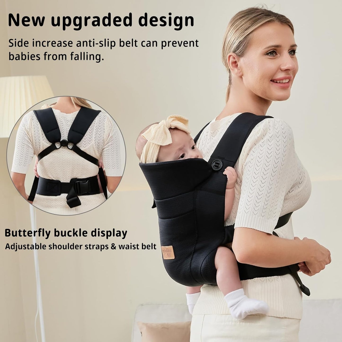 Ergonomische Babytrage für Neugeborene, Schwarz Upgraded - mit Gürtel