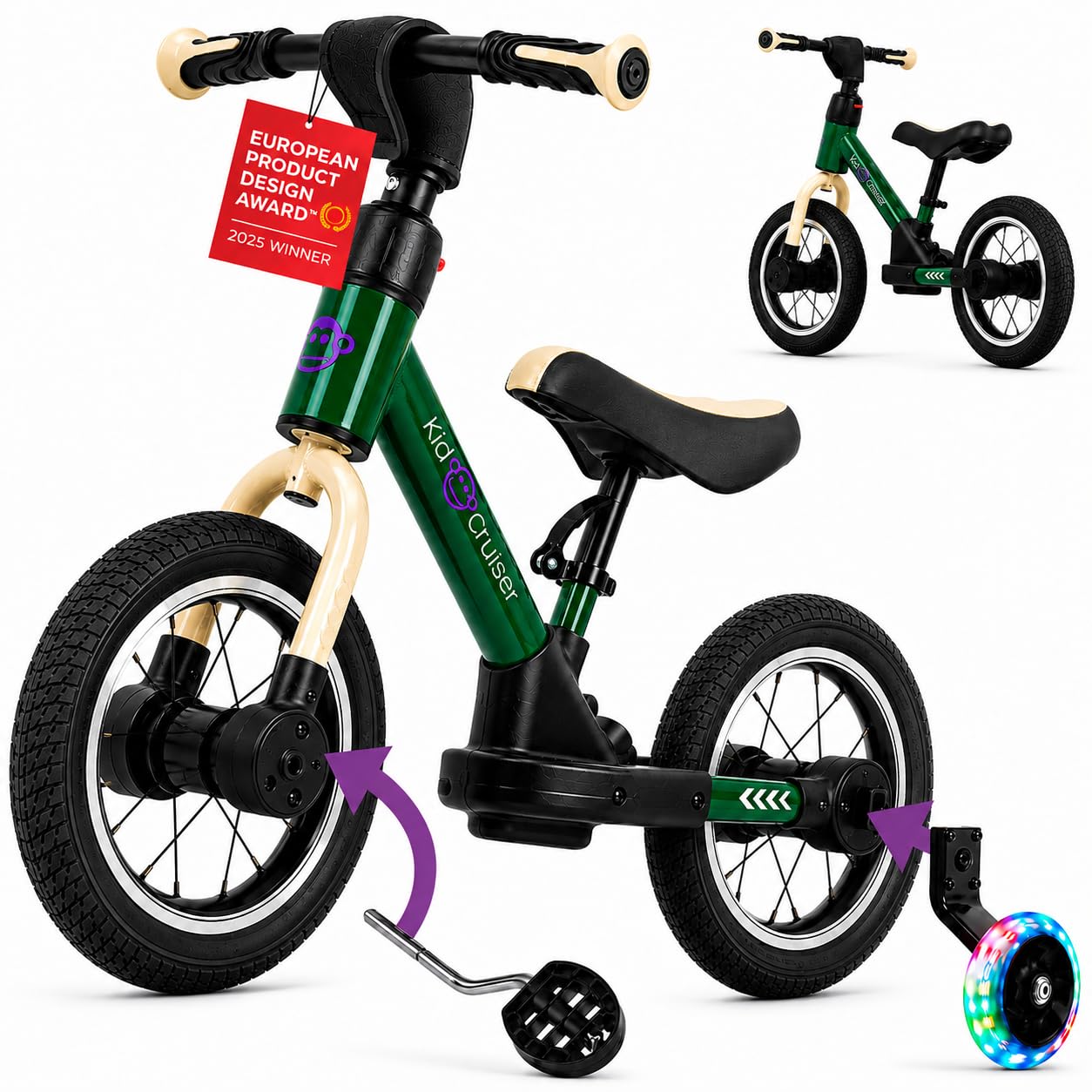 Pedalplay 3in1 Laufrad mit LED-Stützrädern & Pedalen, Dunkelgrün