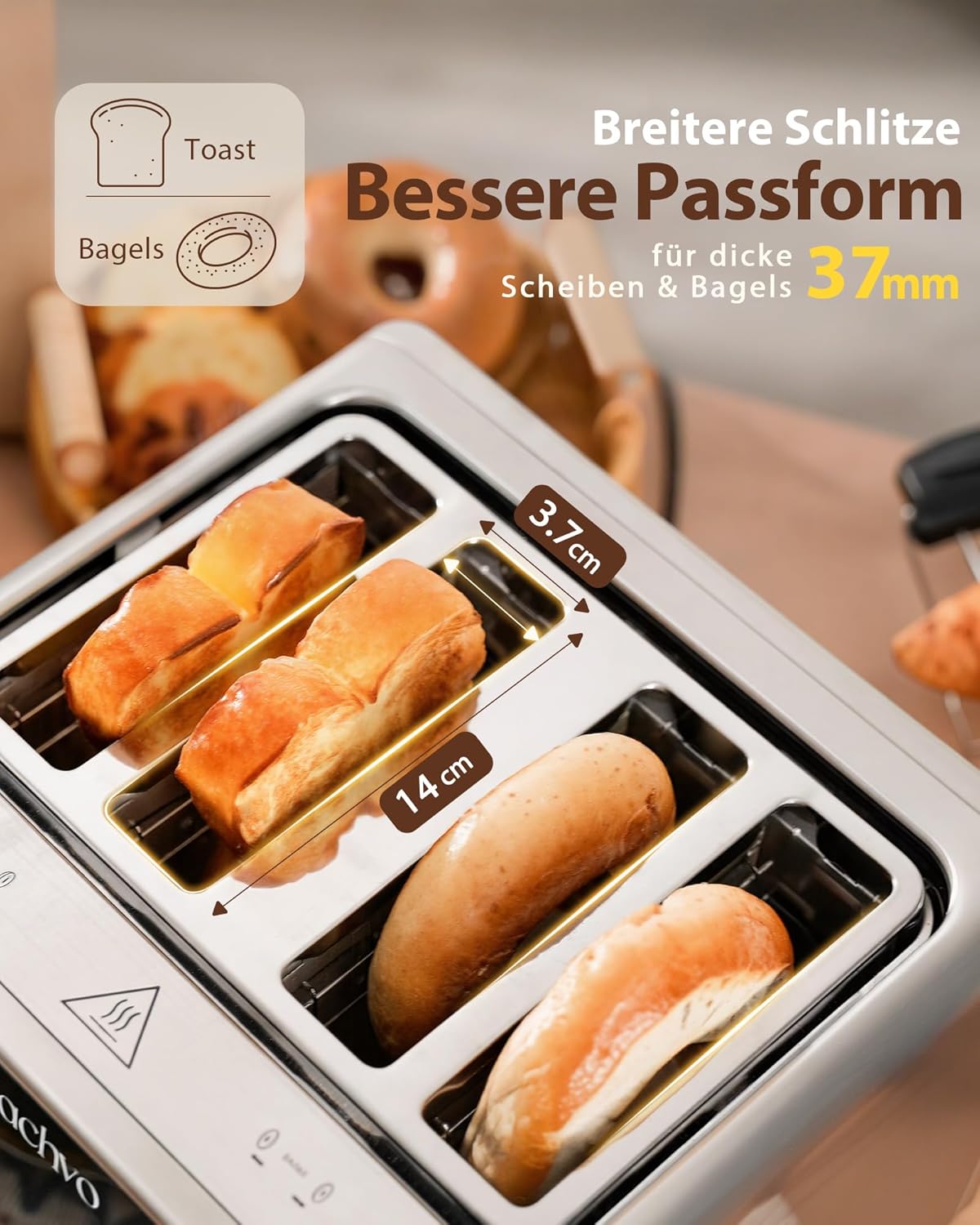 Edelstahl-Toaster mit Touchscreen & LED Countdown, Silber Sandwichhalter & Brötchenaufsatz