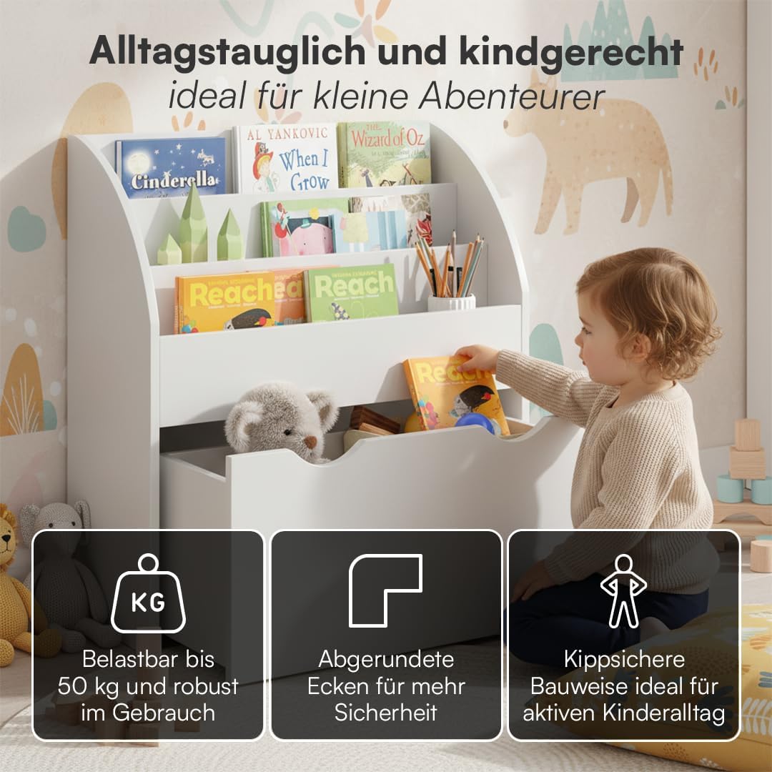 Kinder Bücherregal mit Schublade Montessori, Ohne Faltboxen Weiß, mit Schublade