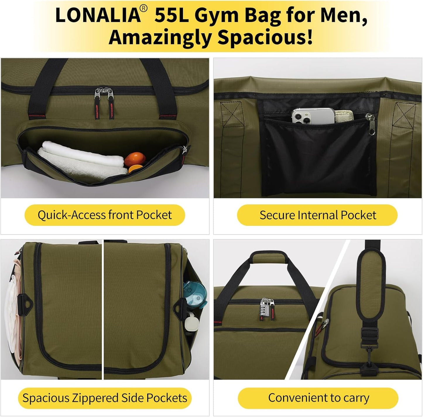 Sporttasche für Fitness und Urlaub, 55L-22inch Olivgrün