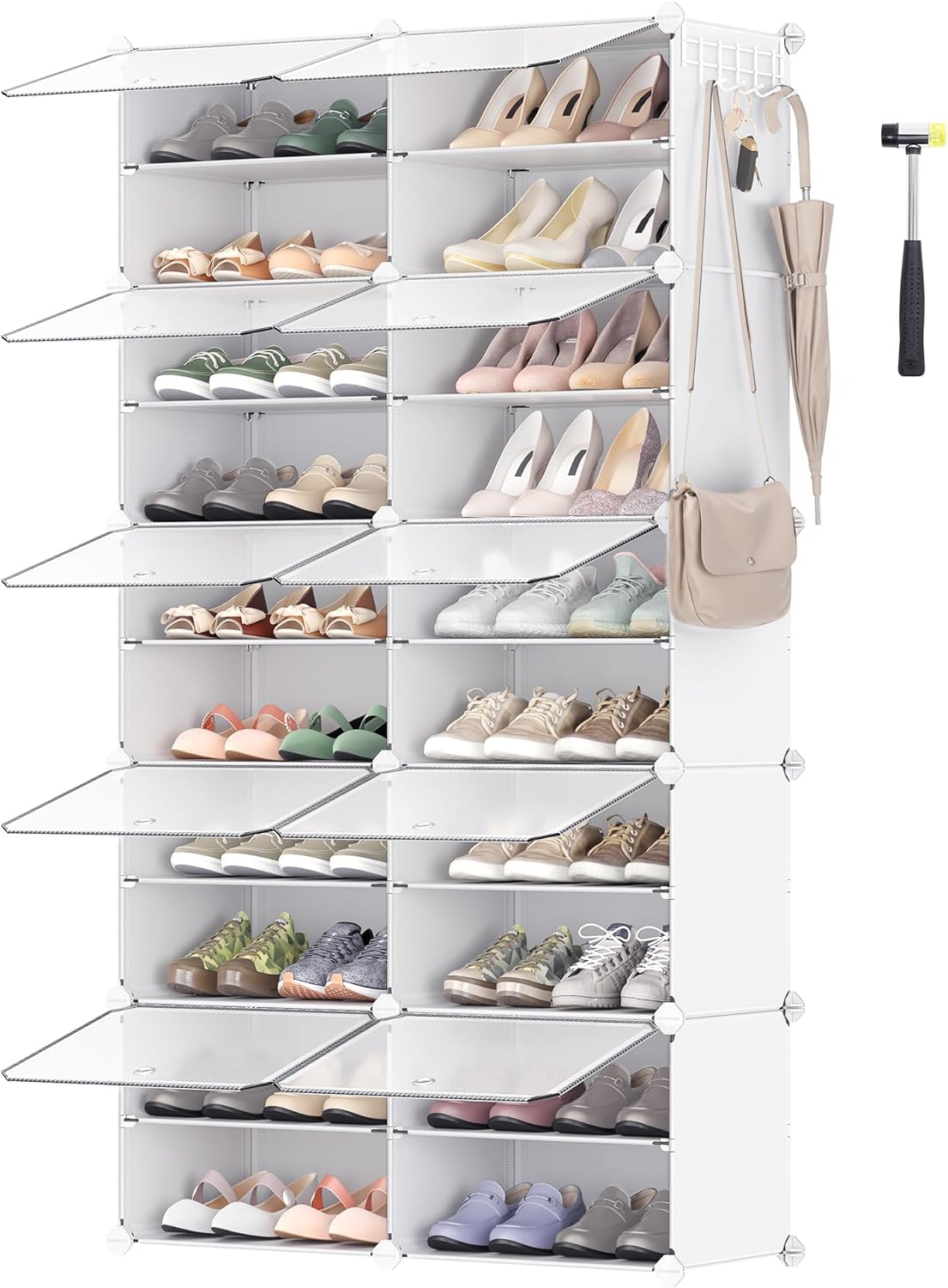 Schuhregal mit 10 Fächern für bis zu 40 Paar Schuhe, 10 Fächern (83B x 156H cm) Wolkenweiß + Transparent
