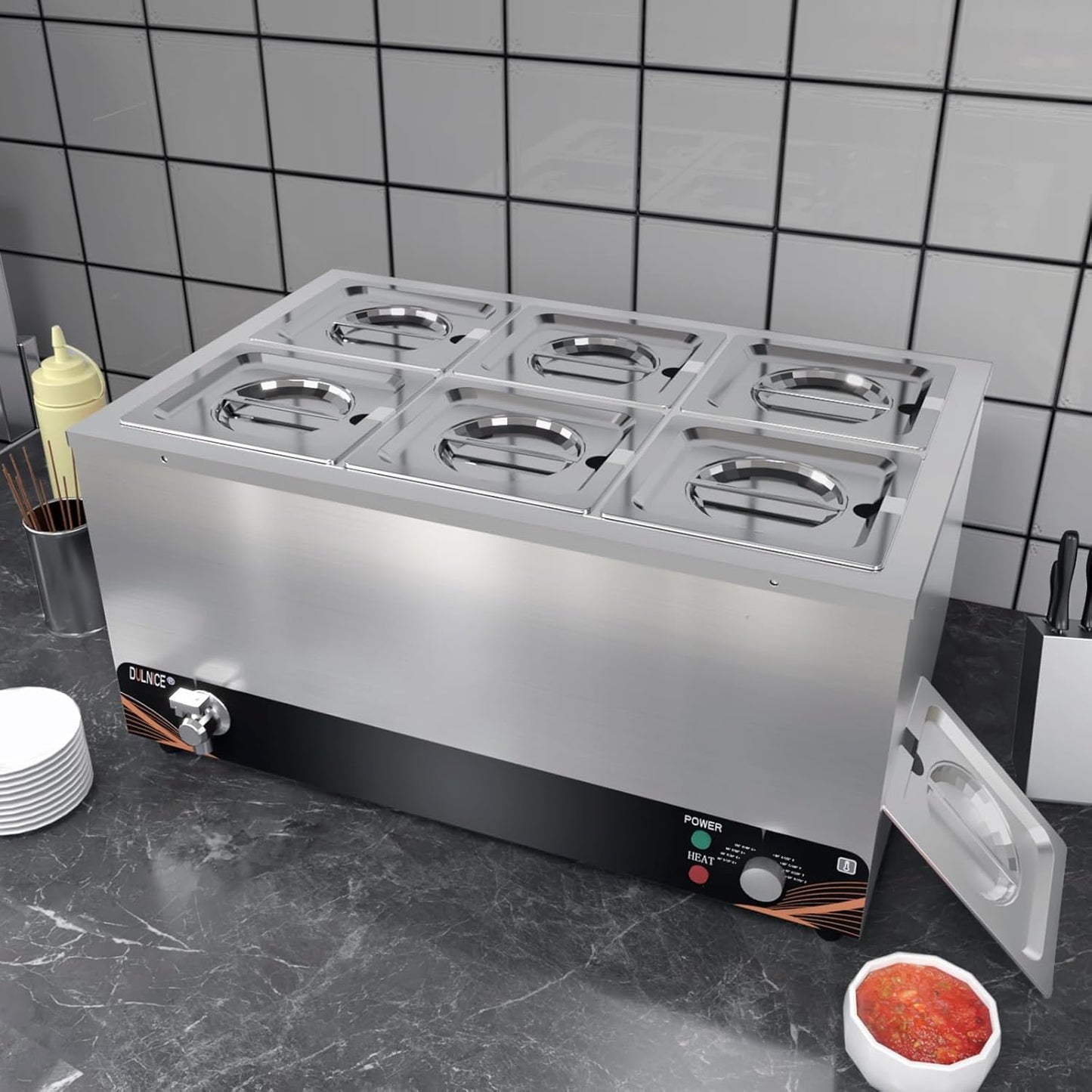 Bain Marie Speisewärmer mit sechs 1/6 GN Speisewannen, 6-Pan