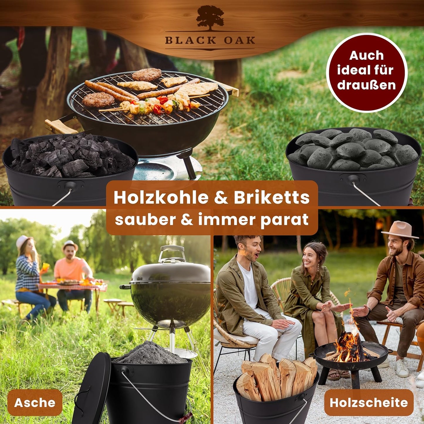 Ascheeimer-Set Etna, Etna 14L (mit Kehrgarnitur: Feger & Schaufel) Schwarz