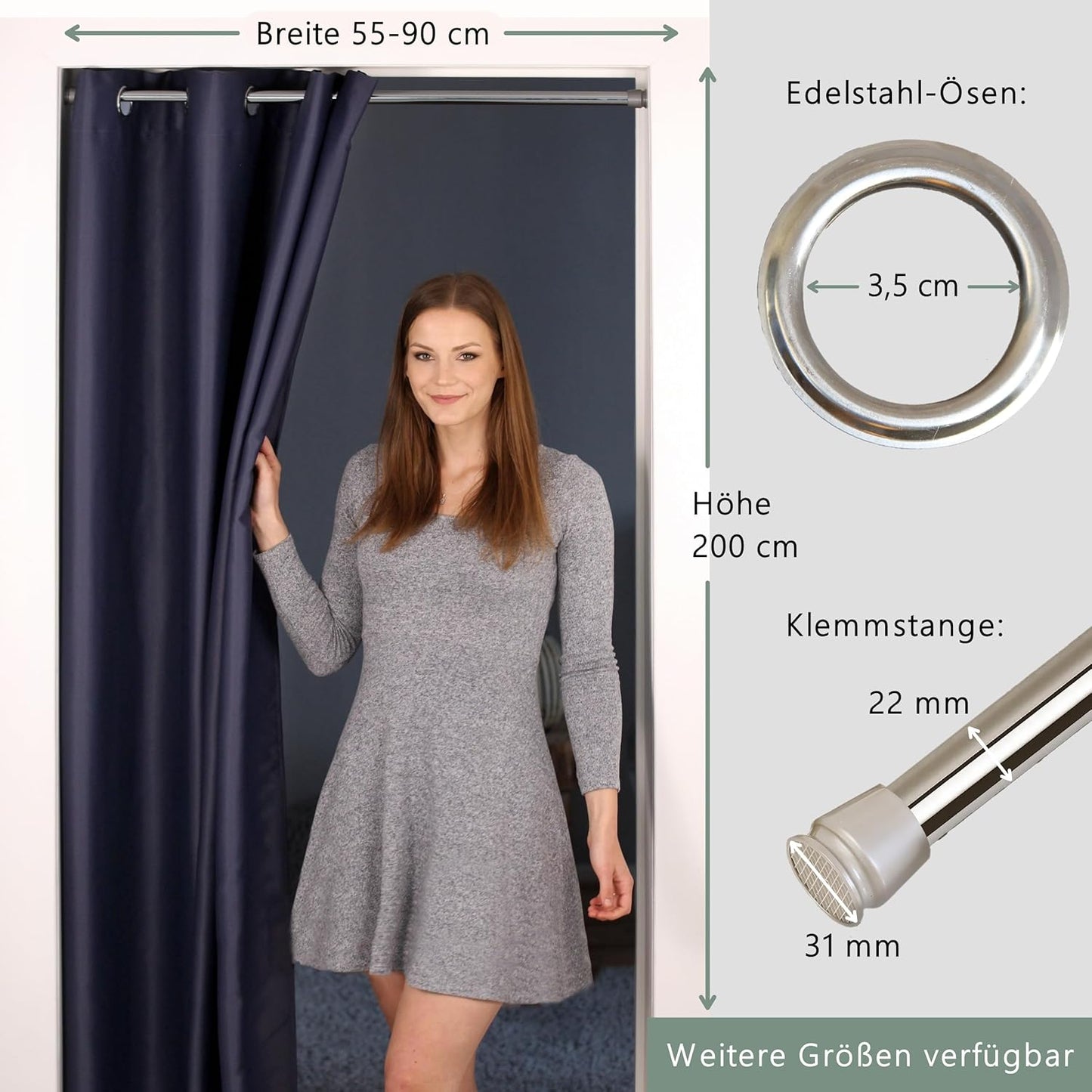 Türvorhang mit Teleskopstange, H200 x B150 cm (1er Pack) Türvorhang Dunkelblau + Stange Silber