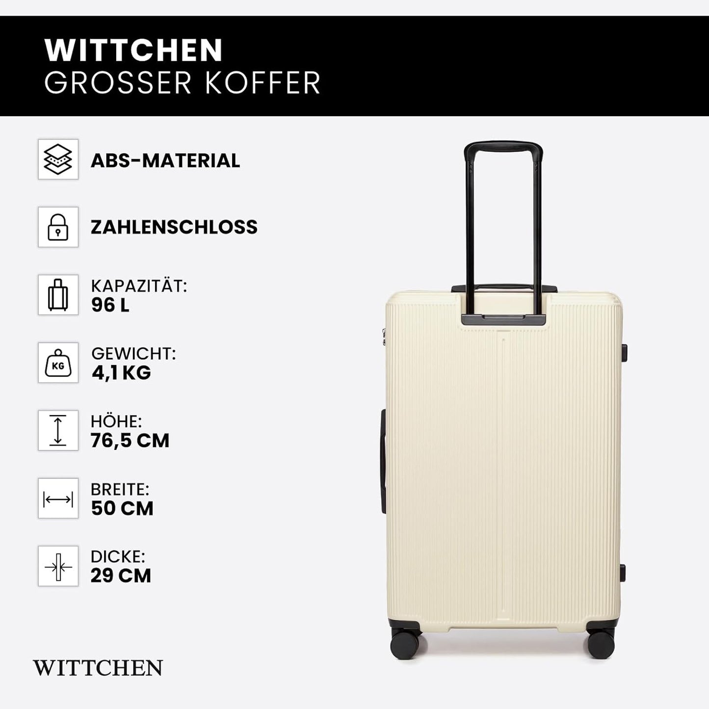 Hartschalen-Trolley mit Zahlenschloss, Creme Grosser Koffer - XL