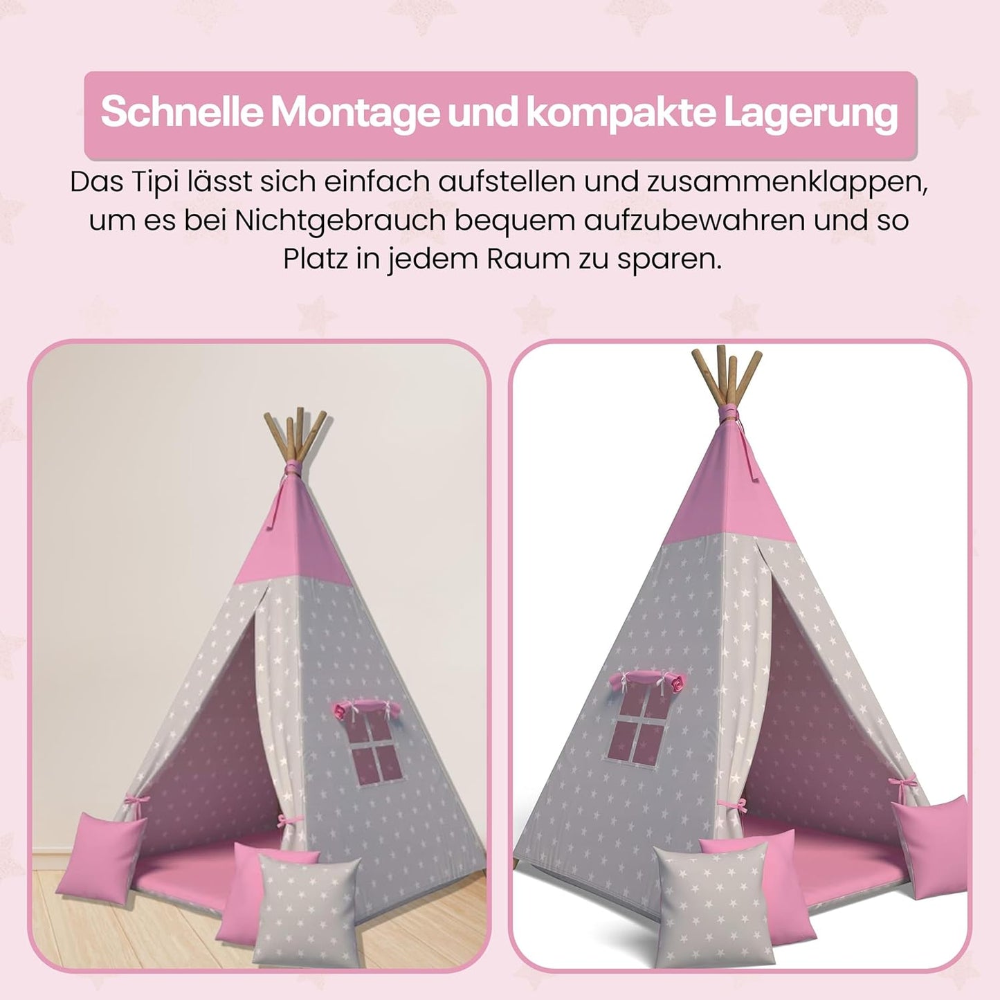 Tipi-Spielzelt für Kinder mit Kissen, Sterne Rosa