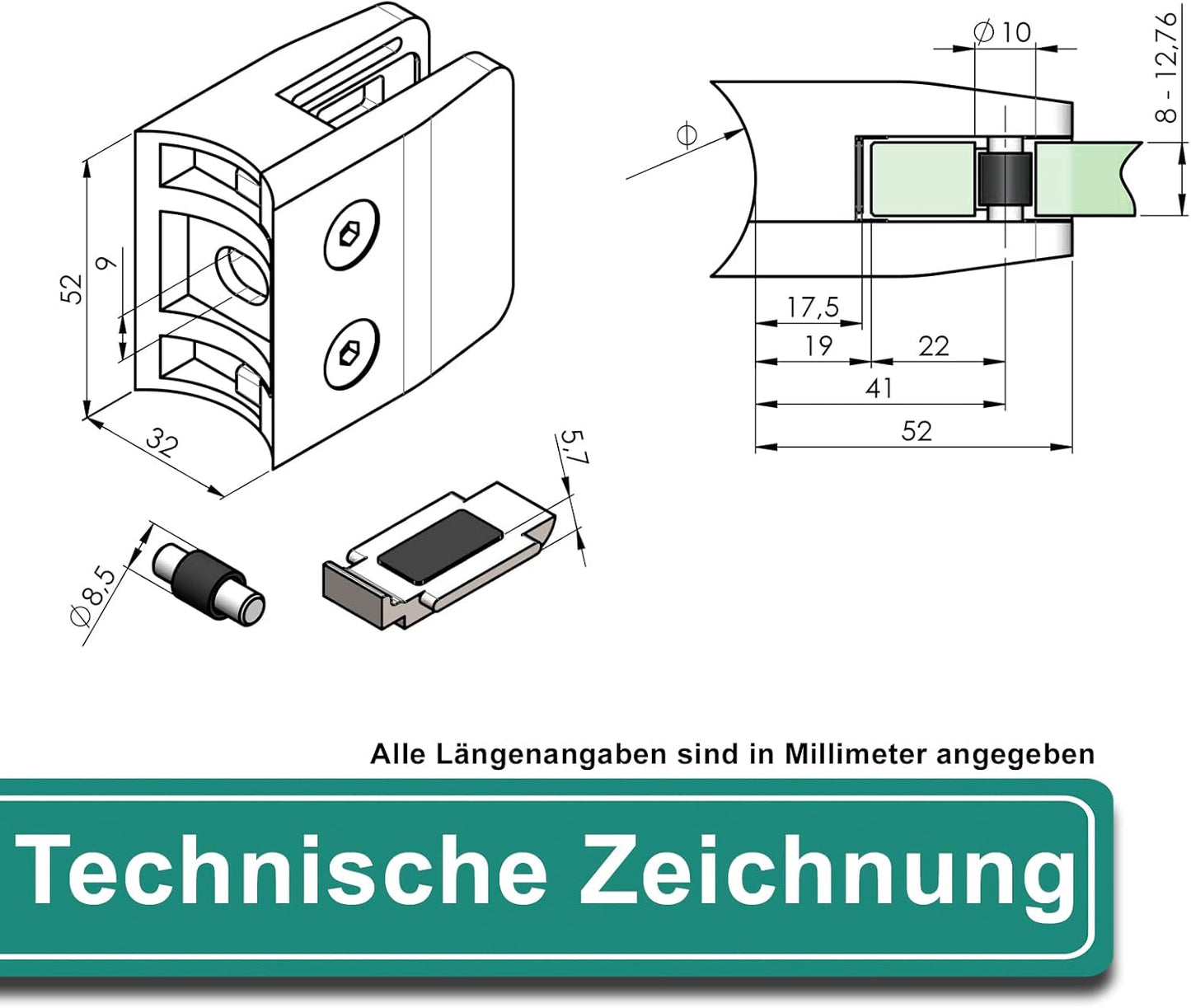 4er-Set Glashalter mit Sicherungsplatte, Anschluss: 42,4 mm | Glasdicke: 12 mm