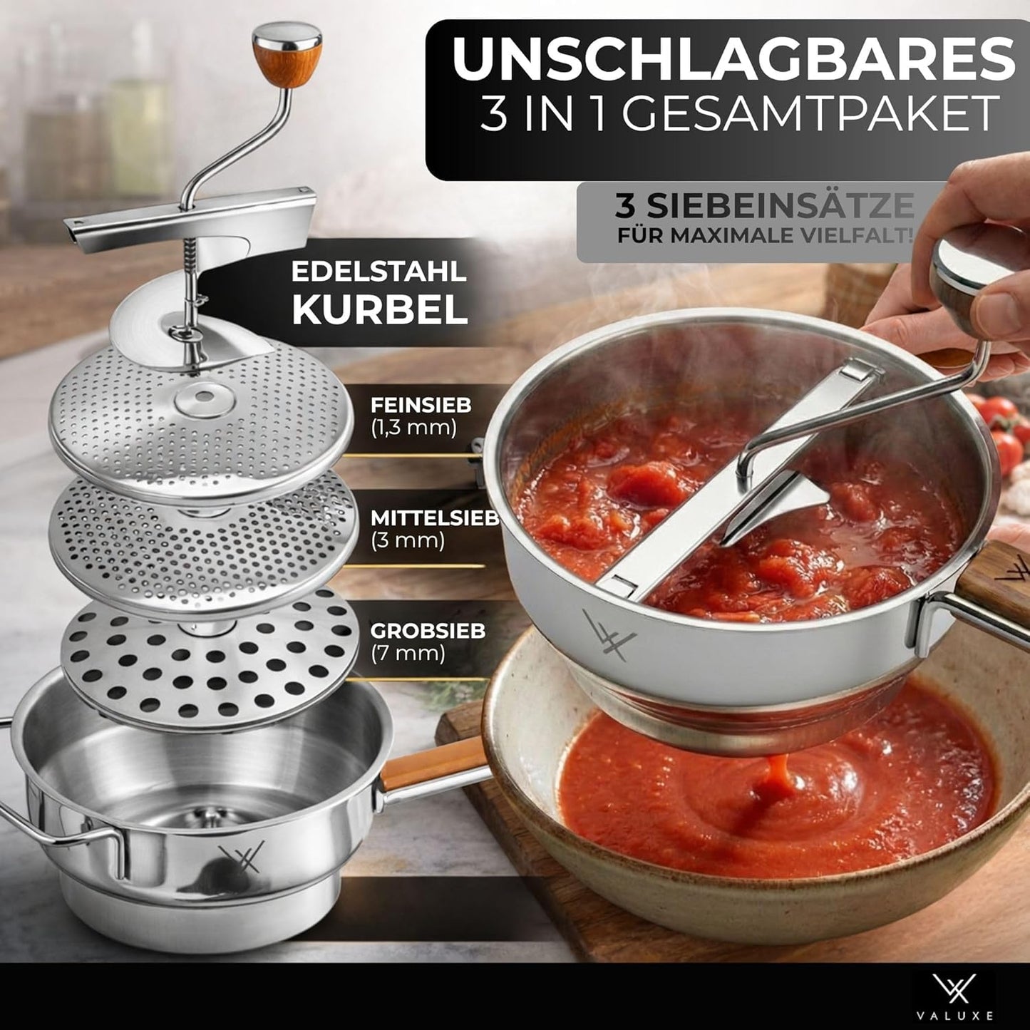Passiermühle mit 3 Siebeinsätzen