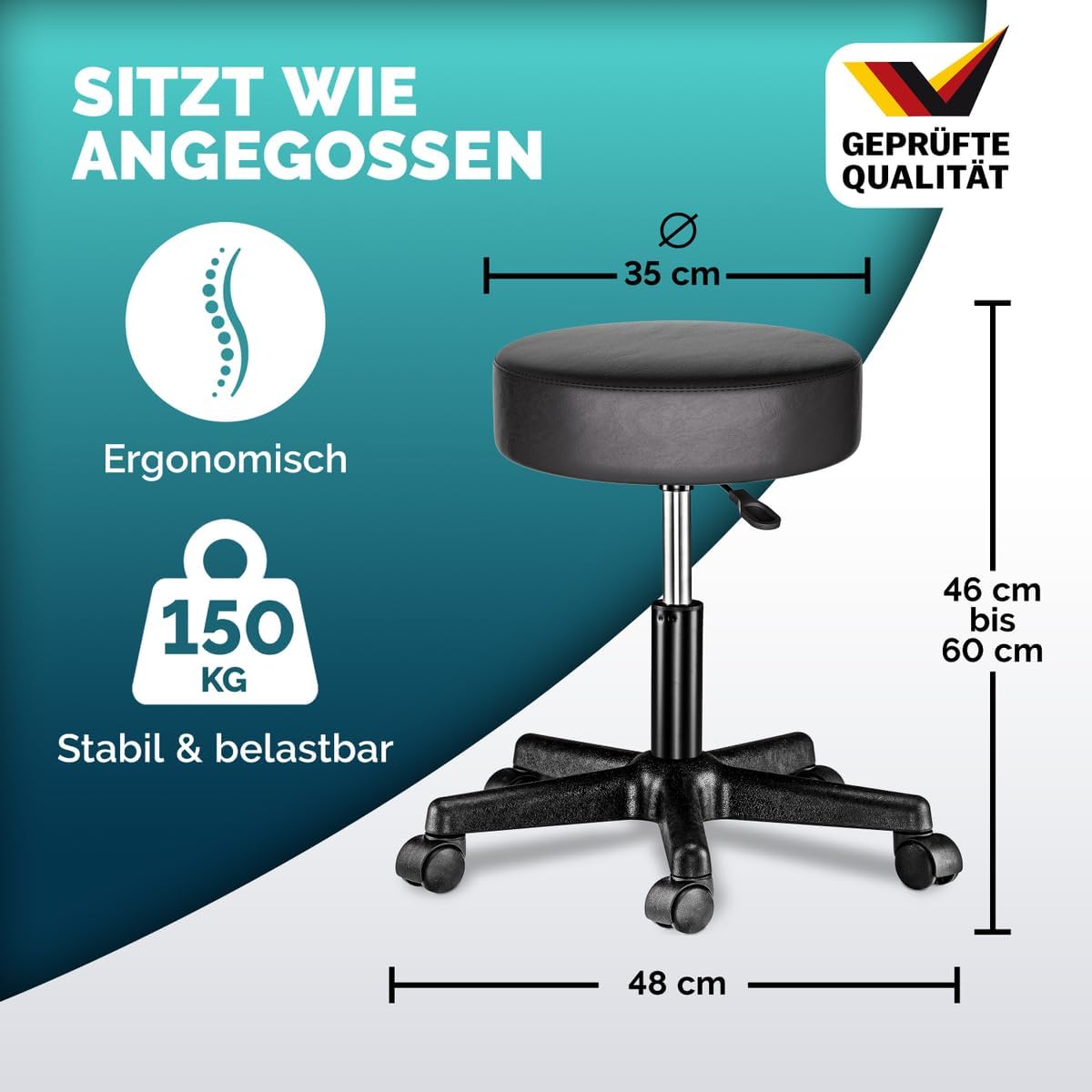 Höhenverstellbarer Drehhocker mit Rollen, 1 Schwarz