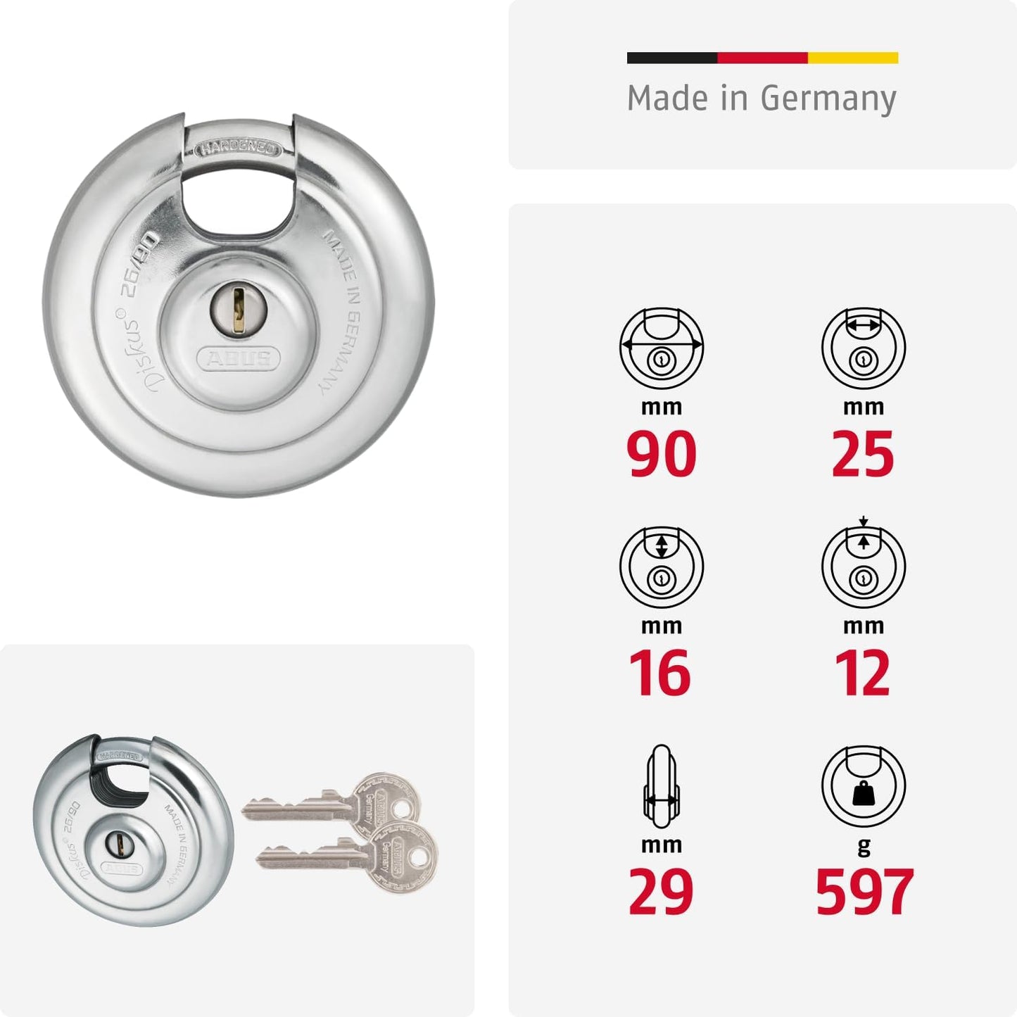 Diskus Vorhängeschloss 26/90, 90mm ohne Sicherungskarte
