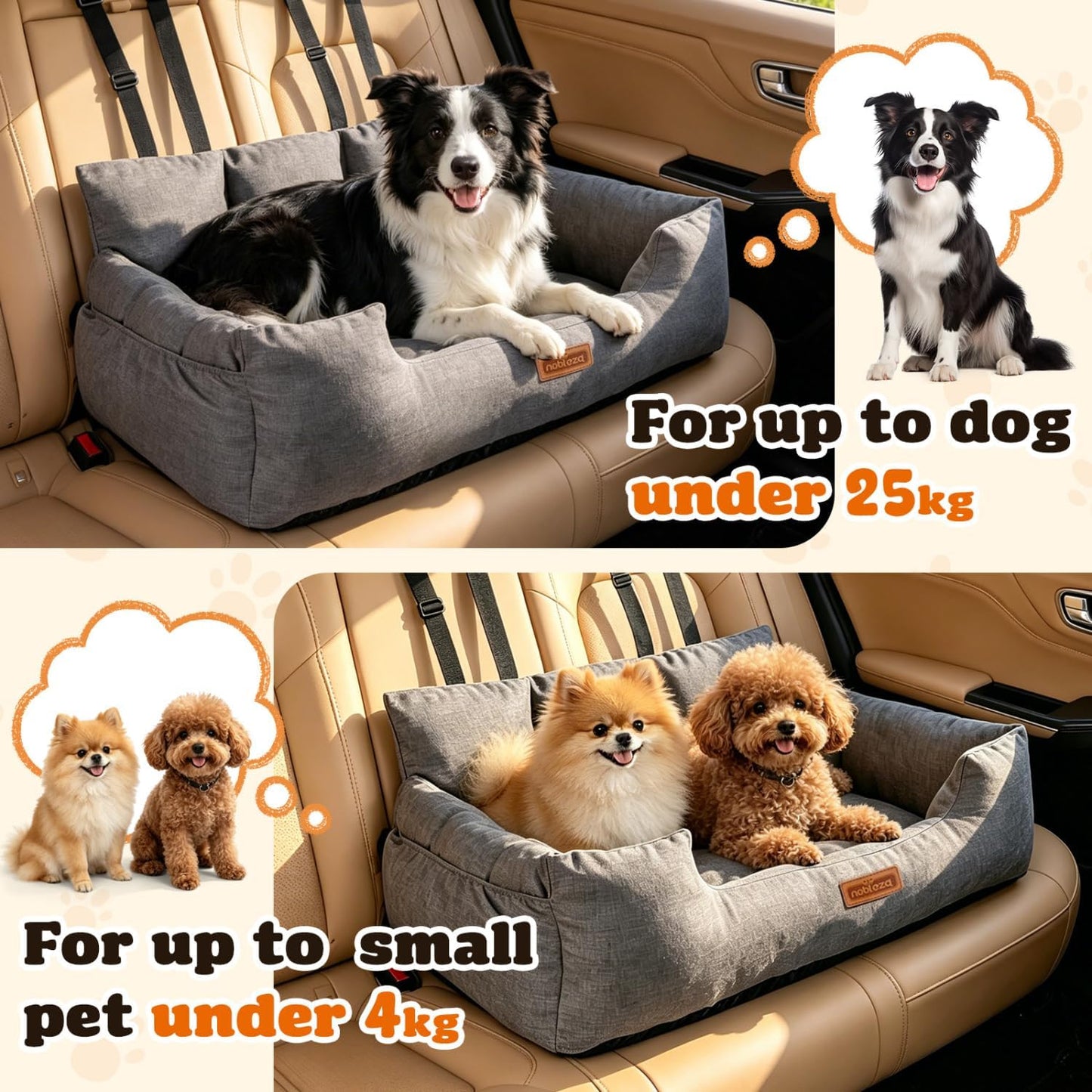 Hundeautositz mit Sicherheitsgurten und Staufächern