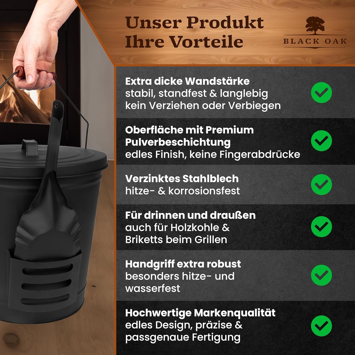 Asche- und Kohleeimer Stromboli mit Deckel & Schaufel, Bügel schwarz ohne Besen