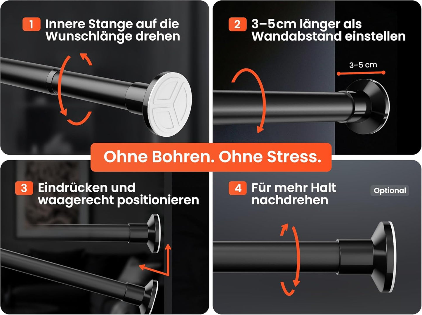 Teleskop-Gardinenstange ohne Bohren (90-160 cm), 90-160 cm Matt Schwarz