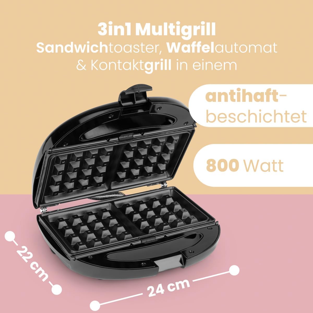 3-in-1-Multifunktionsgerät mit Toaster, Waffeleisen und Grill, Sandwichtoaster, Waffelautomat und Kontaktgrill
