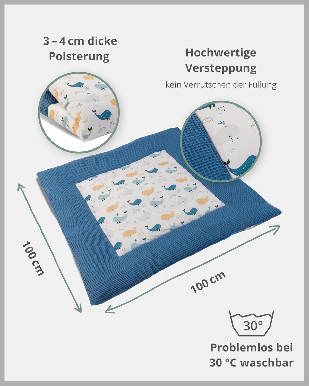Baby Krabbeldecke 100x100 cm, Blau-wale 100 x 100 cm