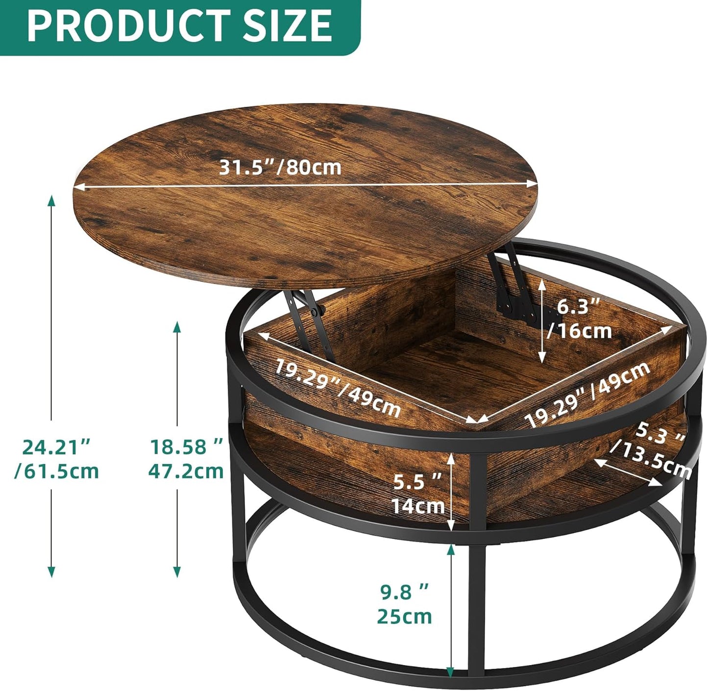 Runder Couchtisch mit Hebeplatte und Stauraum, 80X80X47CM, Braun
