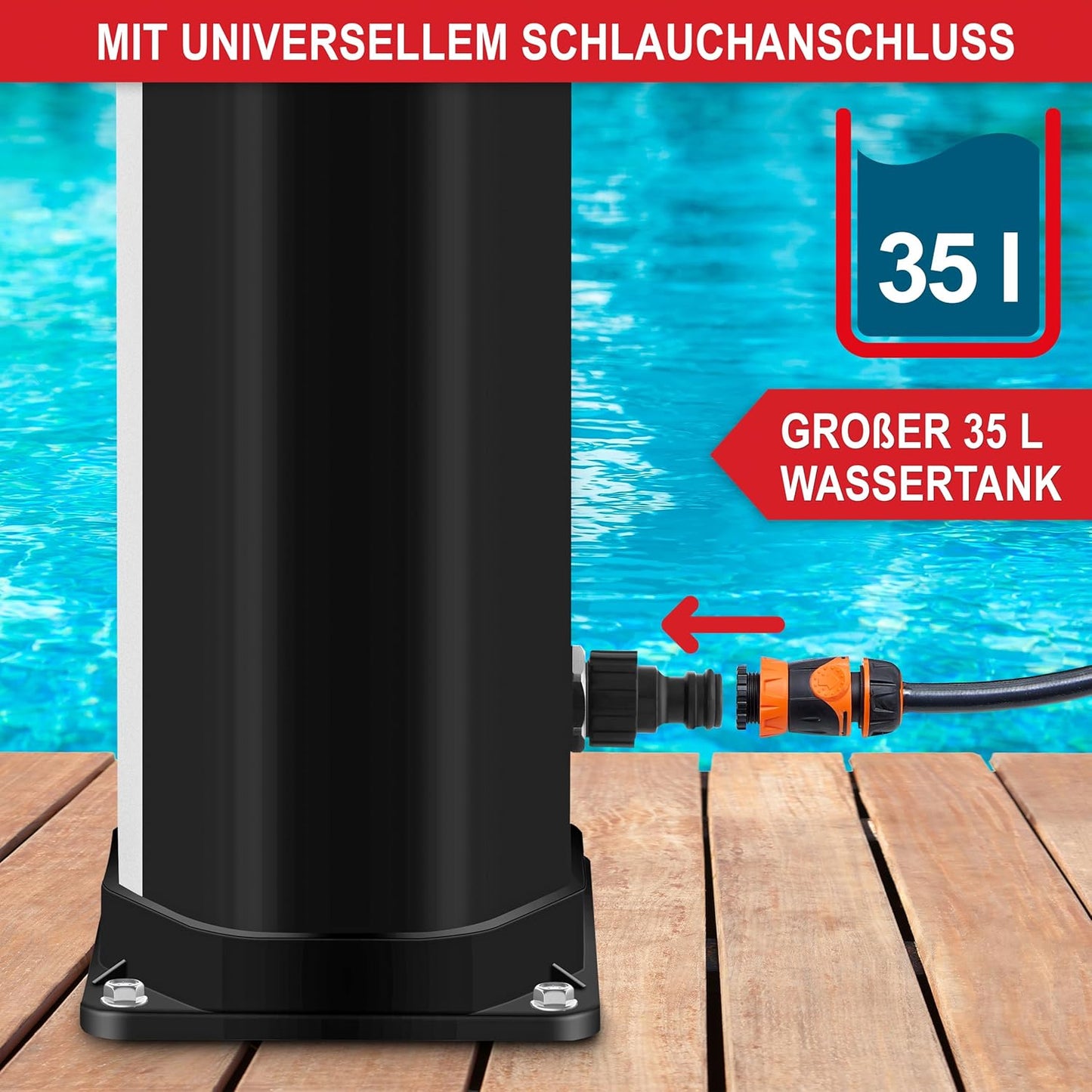 Solardusche mit Regenschutz & Thermometer, Schwarz-Silber