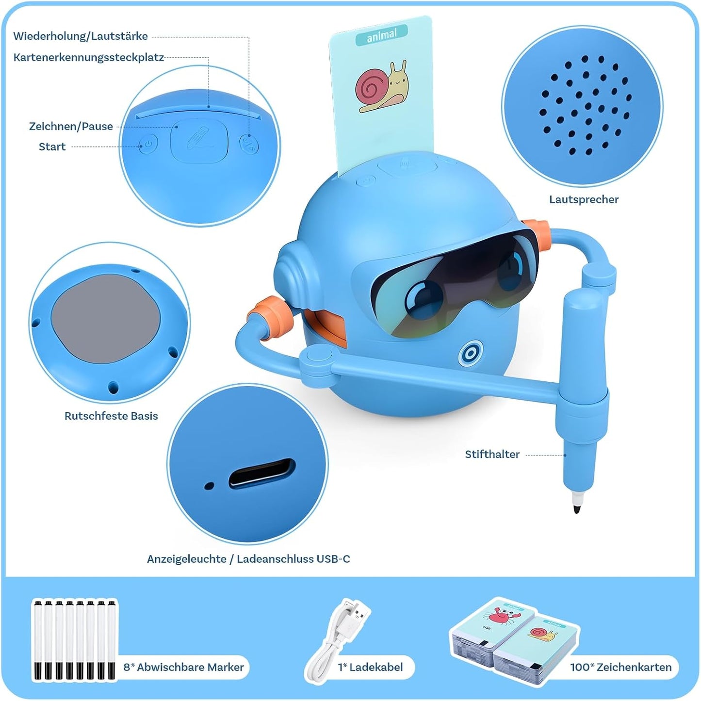 Interaktiver Zeichenroboter für Kinder mit Zeichenkarten, Blau