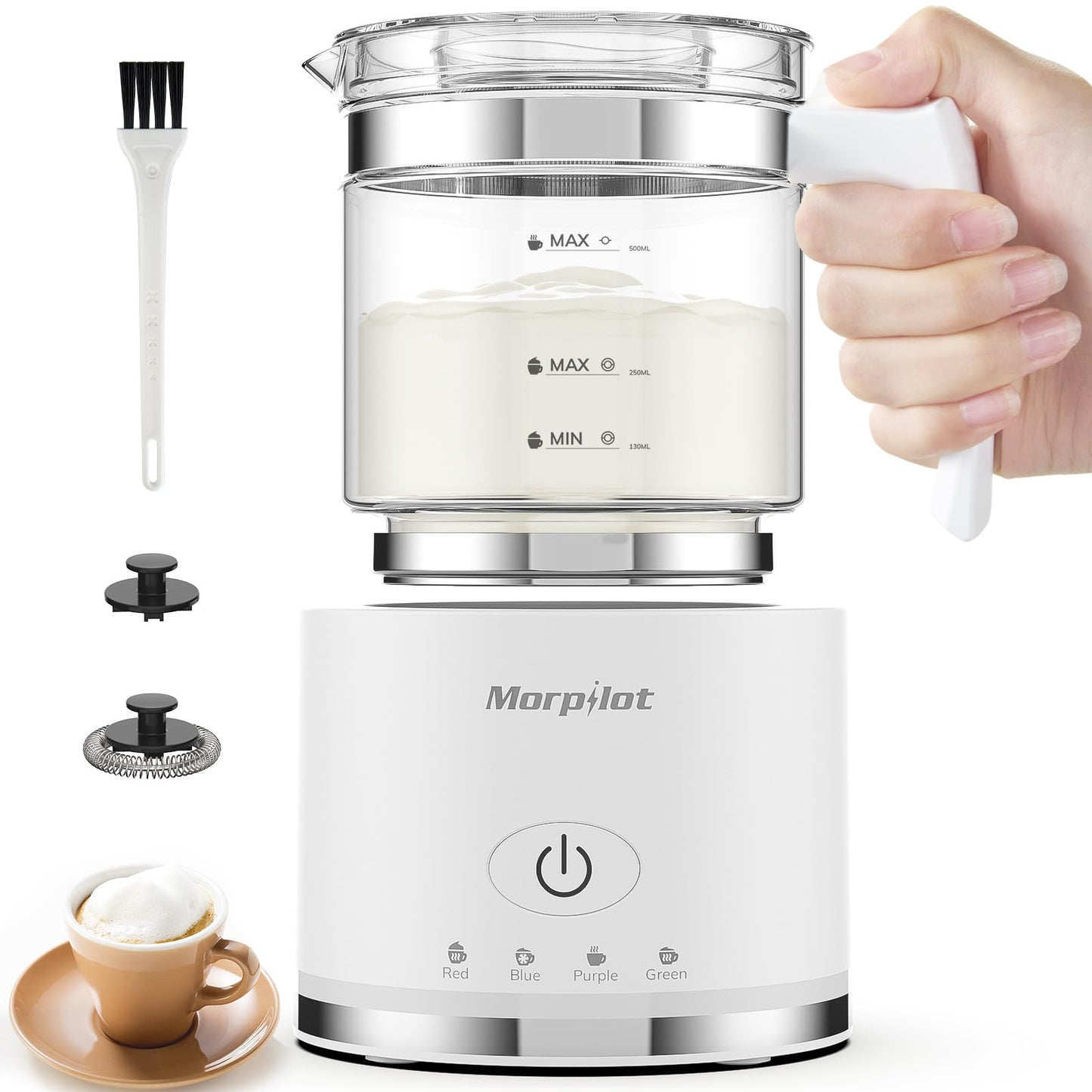 Elektrischer 4-in-1 Milchaufschäumer, 500ml Glas+weiss