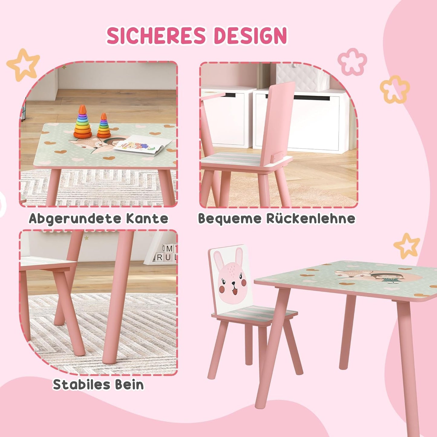 3-teilige Kindersitzgruppe mit Tiermotiv, Rosa