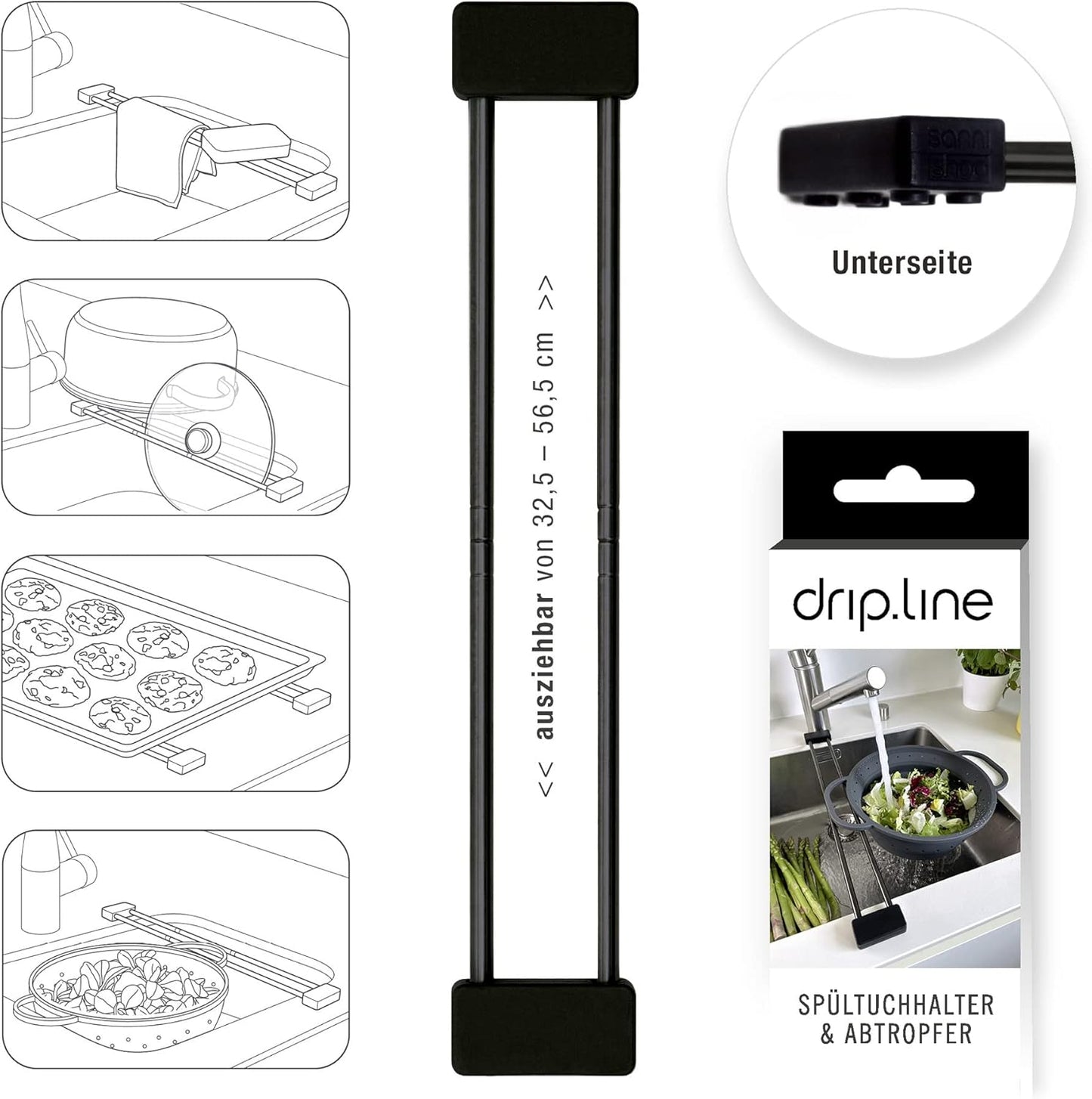 Spültuchhalter für Spülbecken, Schwarz Ausziehbar 32,5-56,5cm