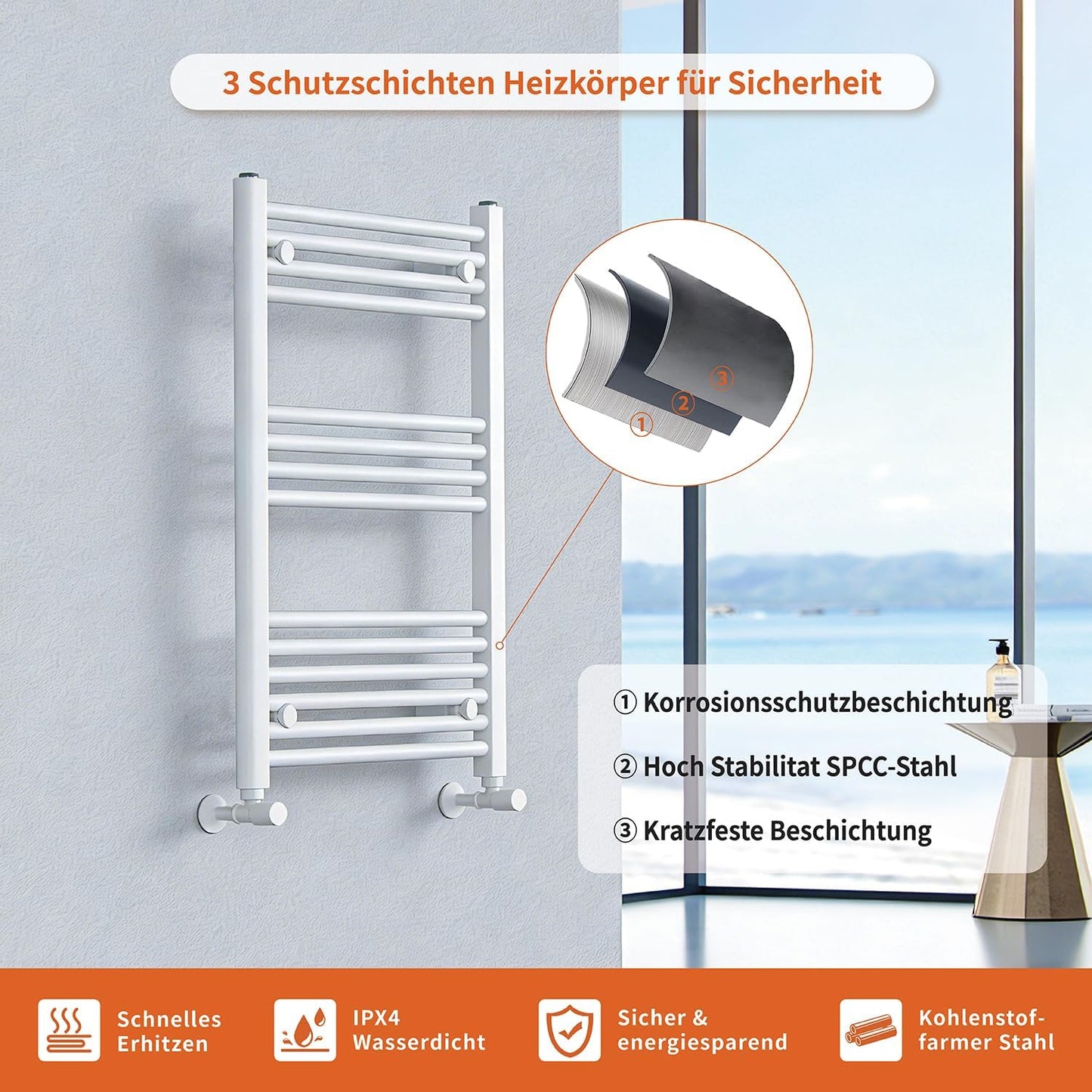 Badheizkörper mit Seitenanschluss 800x500mm, 300W, Weiss 800x500mm