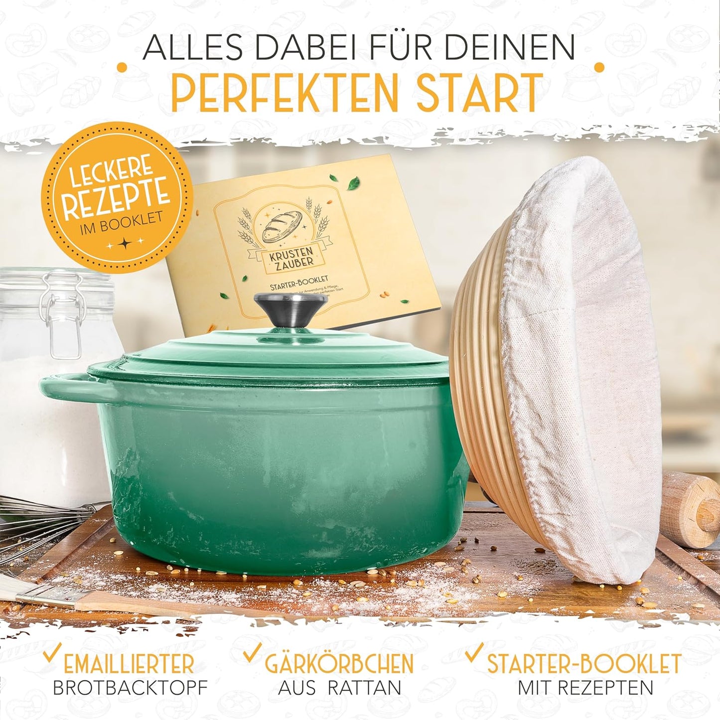 Gusseisen-Topf zum Brotbacken mit Gärkorb, Mintgrün Topf