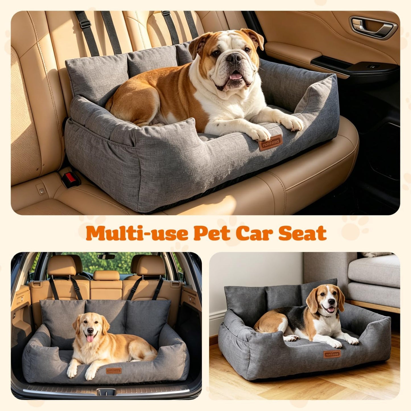 Hundeautositz mit Sicherheitsgurten und Staufächern