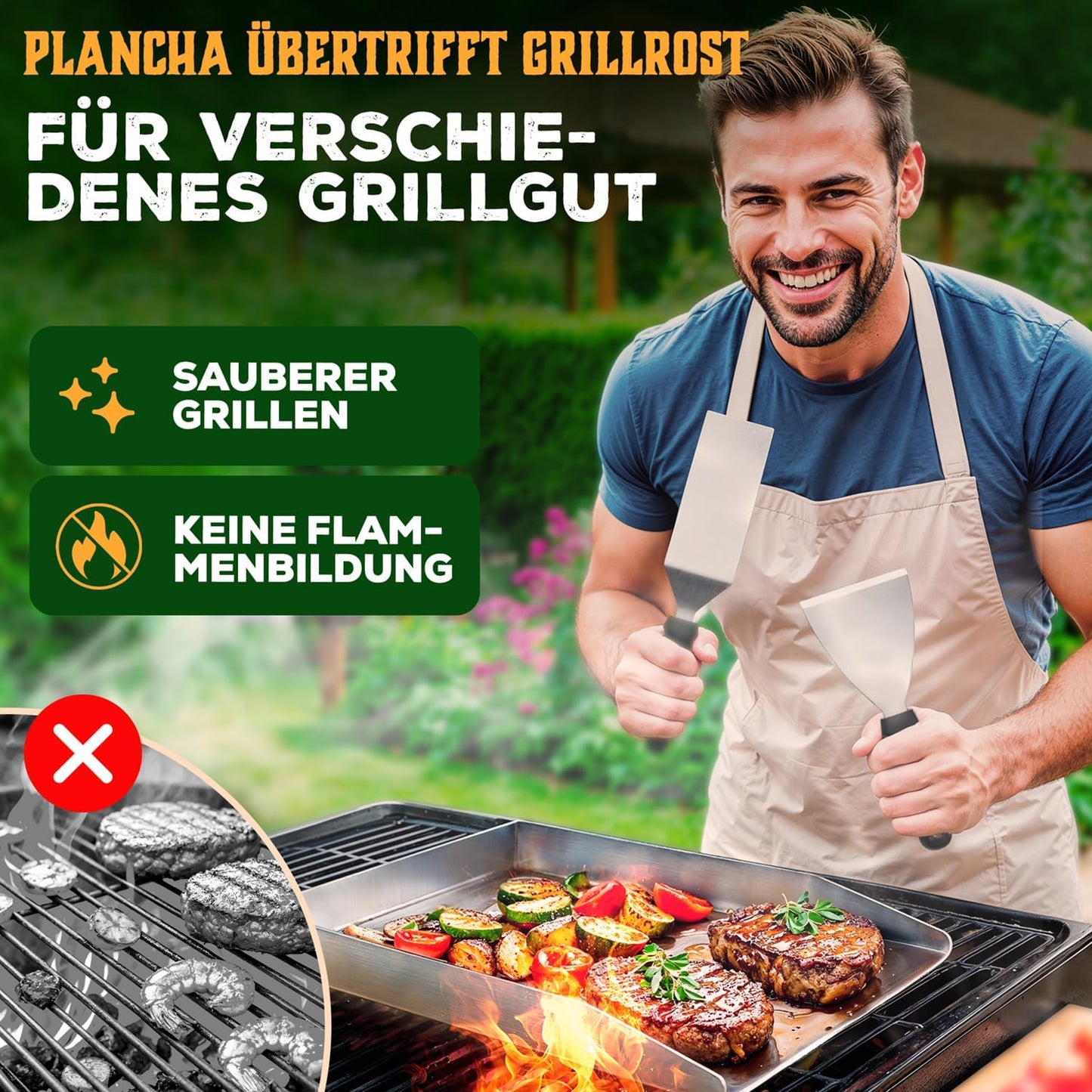 Plancha Grill-Set mit Edelstahlplatte und Zubehör
