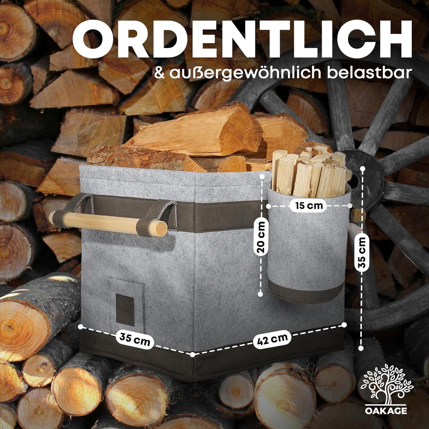 Holzkorb für Kaminholz, mit Zündholzkorb, Hellgrau Bundle