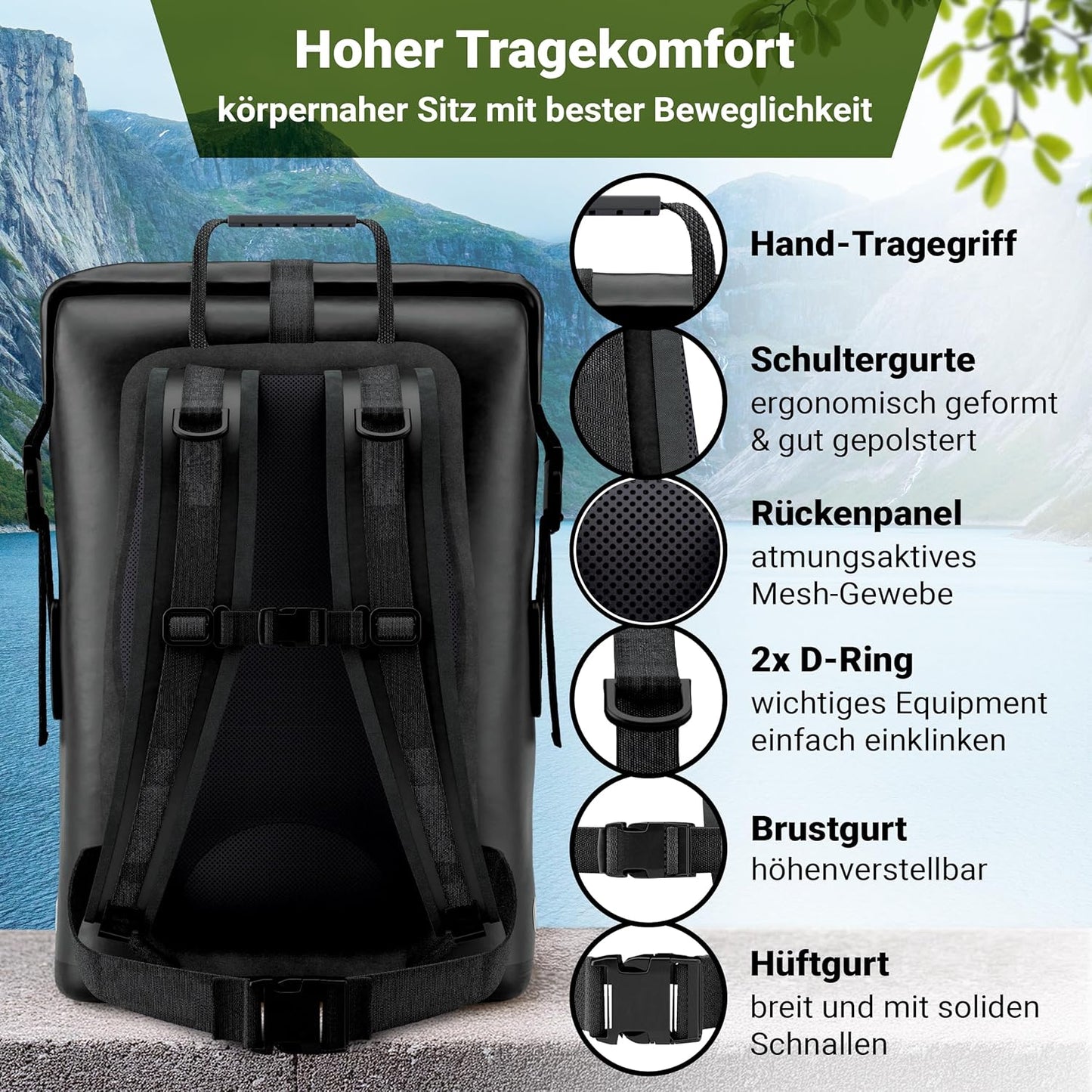 Wasserdichter Rucksack mit Rolltop-Verschluss und Handyhülle, Schwarz 35 Liter