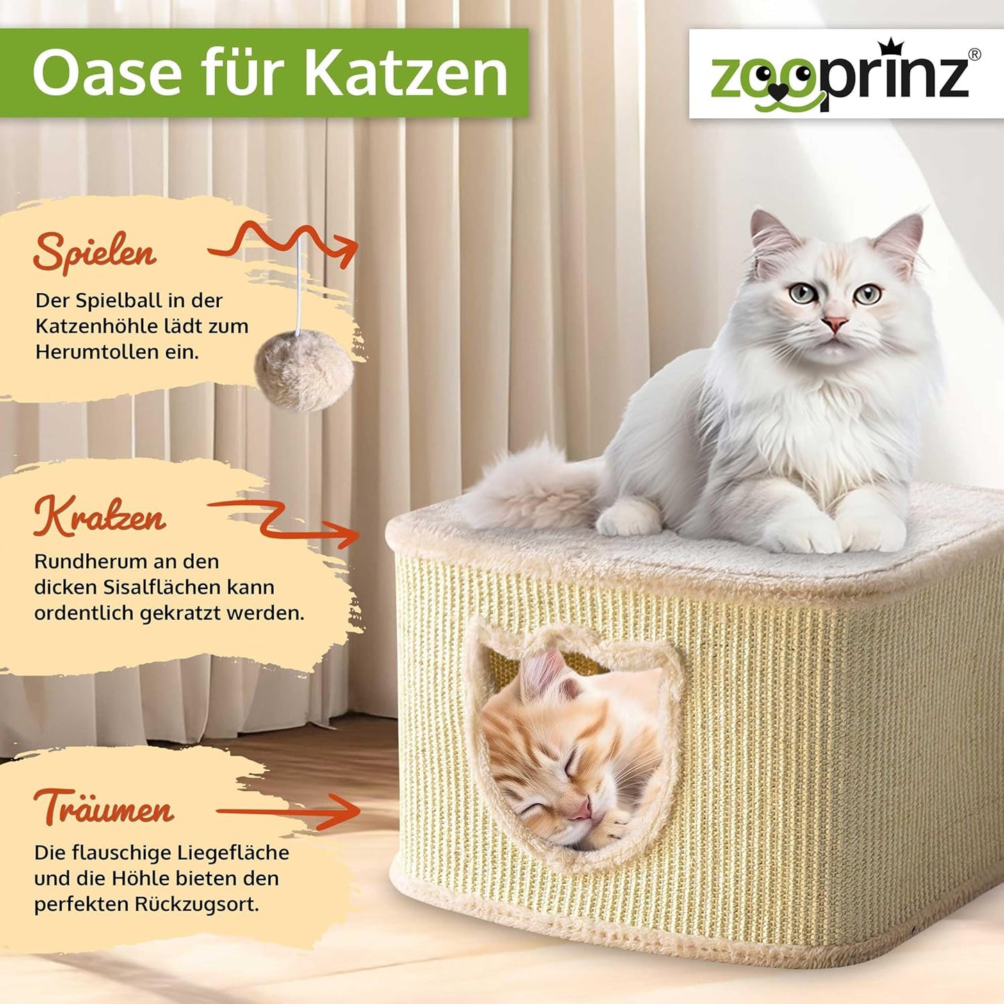 Katzenhaus mit Sisalwänden und Plüsch, Beige