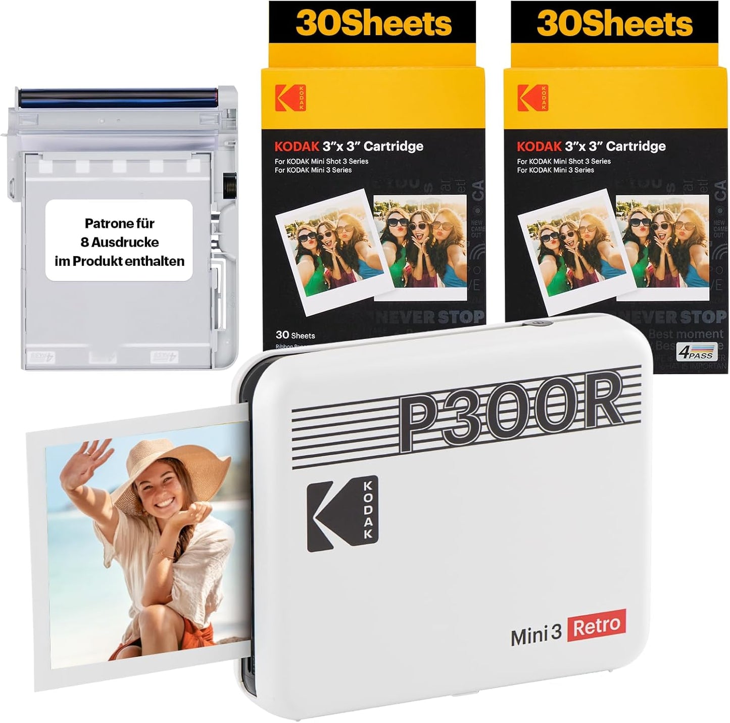 Mini 3 Retro 4Pass Tragbarer Fotodrucker, Imprimante + Paquet avec 68 Feuilles / weiss
