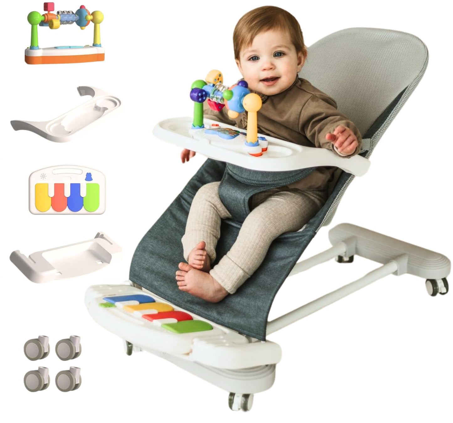 4-in-1 Babywippe mit Rädern, abnehmbares Klavier & Futtertablett, Blau