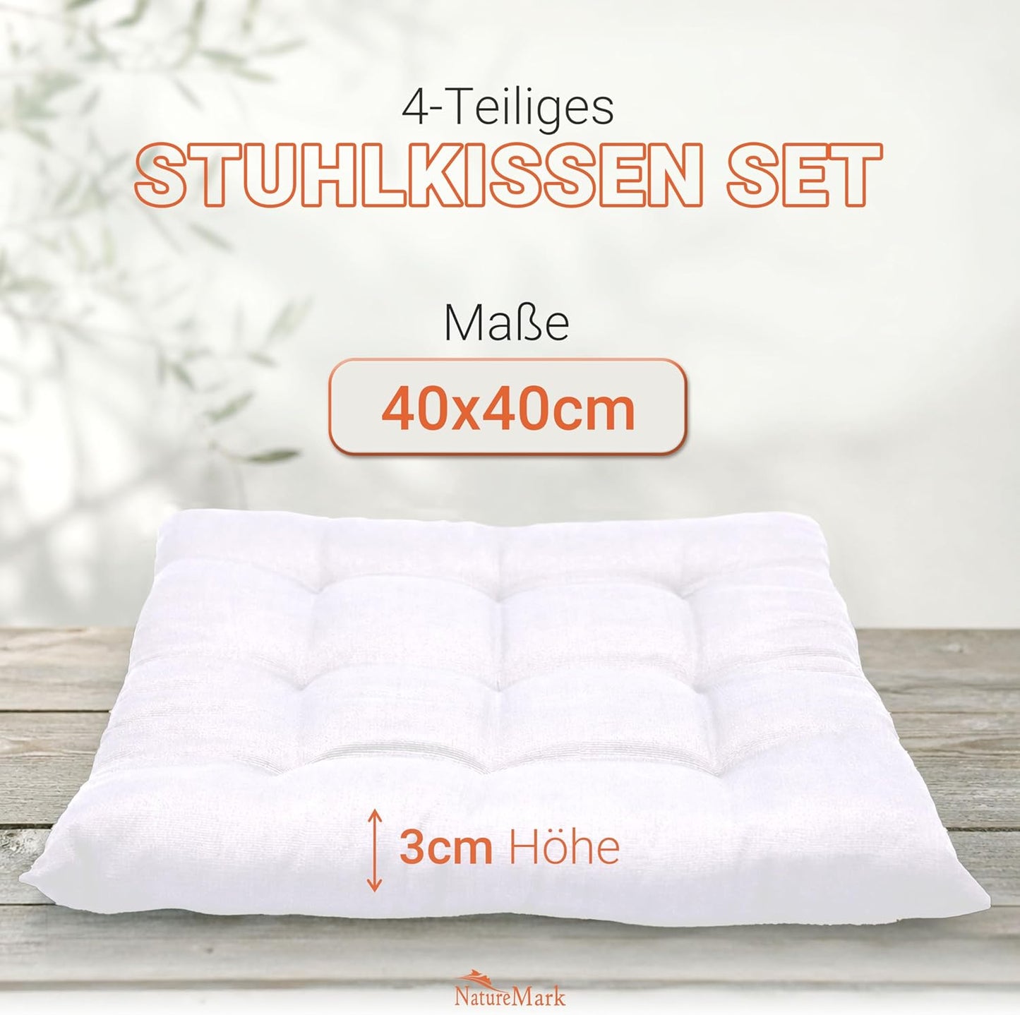 4er Set Stuhlkissen mit Bändern (40x40 cm), 4 Stück (1er Pack) Weiss