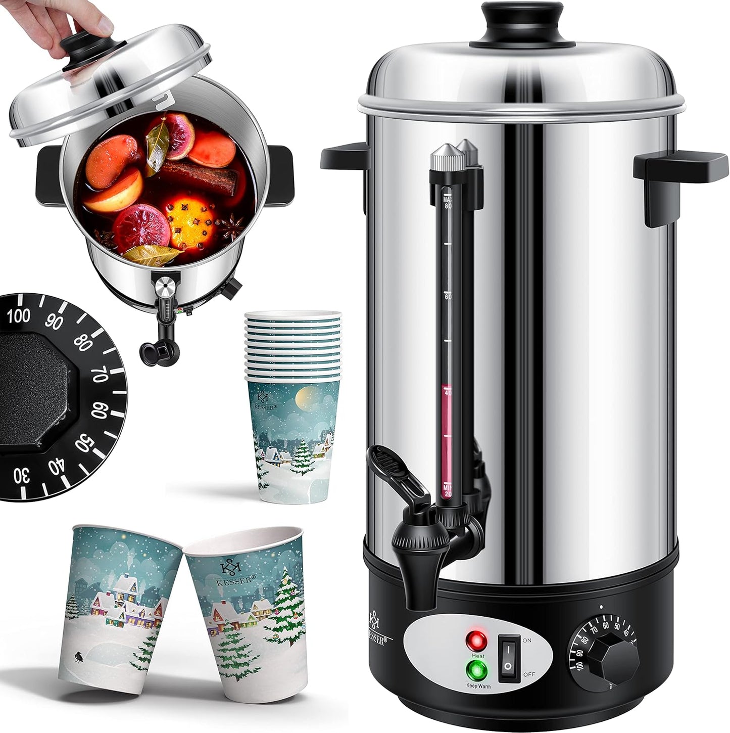 Glühweinkessel mit Thermostat und Zapfhahn inkl. 10x Becher, 8 Liter / Silber