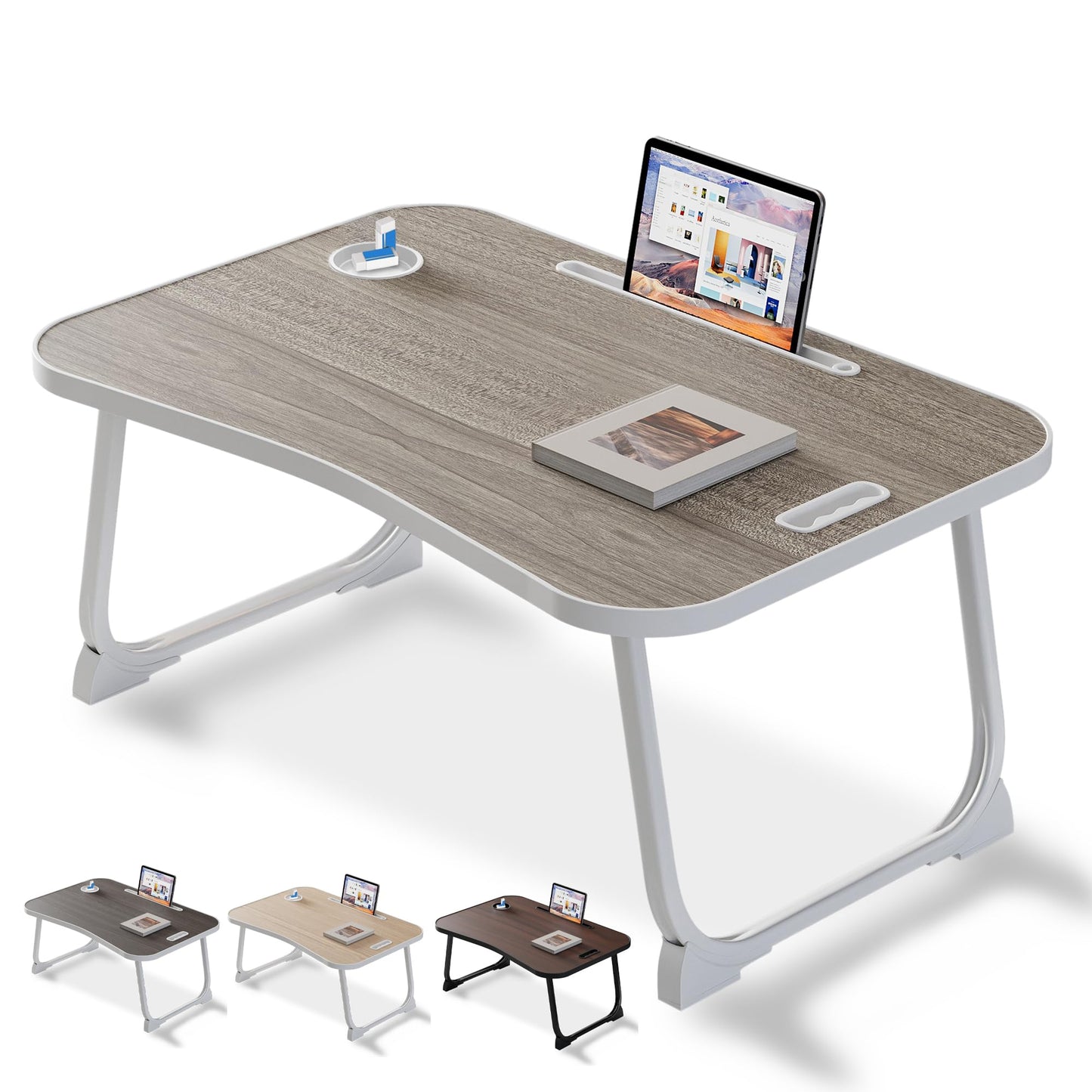 Klapptisch mit Tablethalterung, Griffmulde und Getränkehalter, Grau