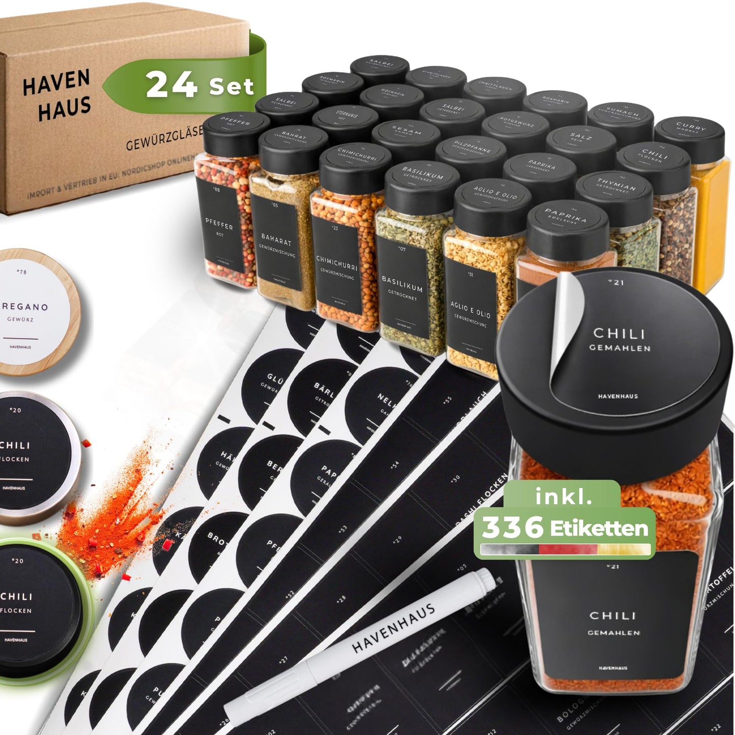 24-teiliges Gewürzgläser-Set mit Etiketten, Edelstahl Schwarz