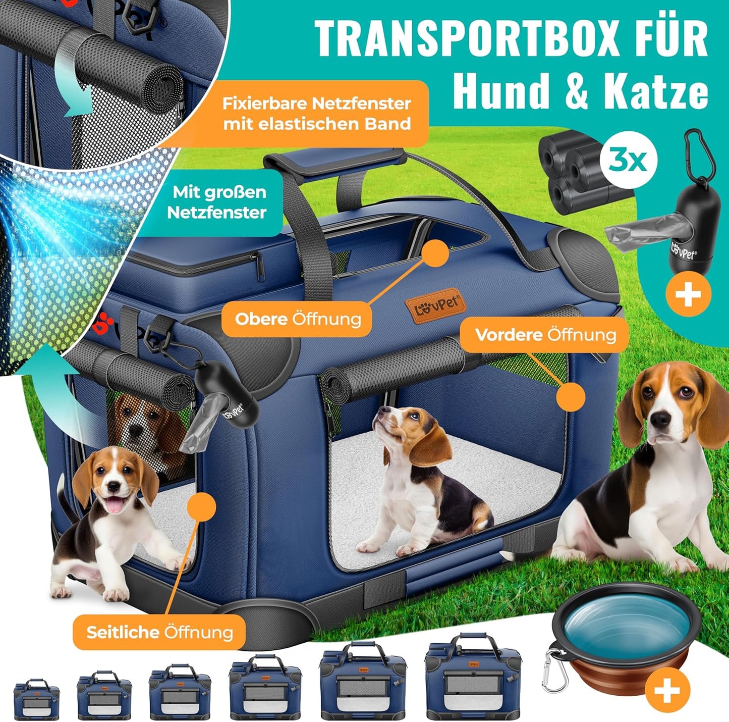 Transportbox inkl. Napf & Gurt, L 92 x B 64 x H 64 cm Navyblau