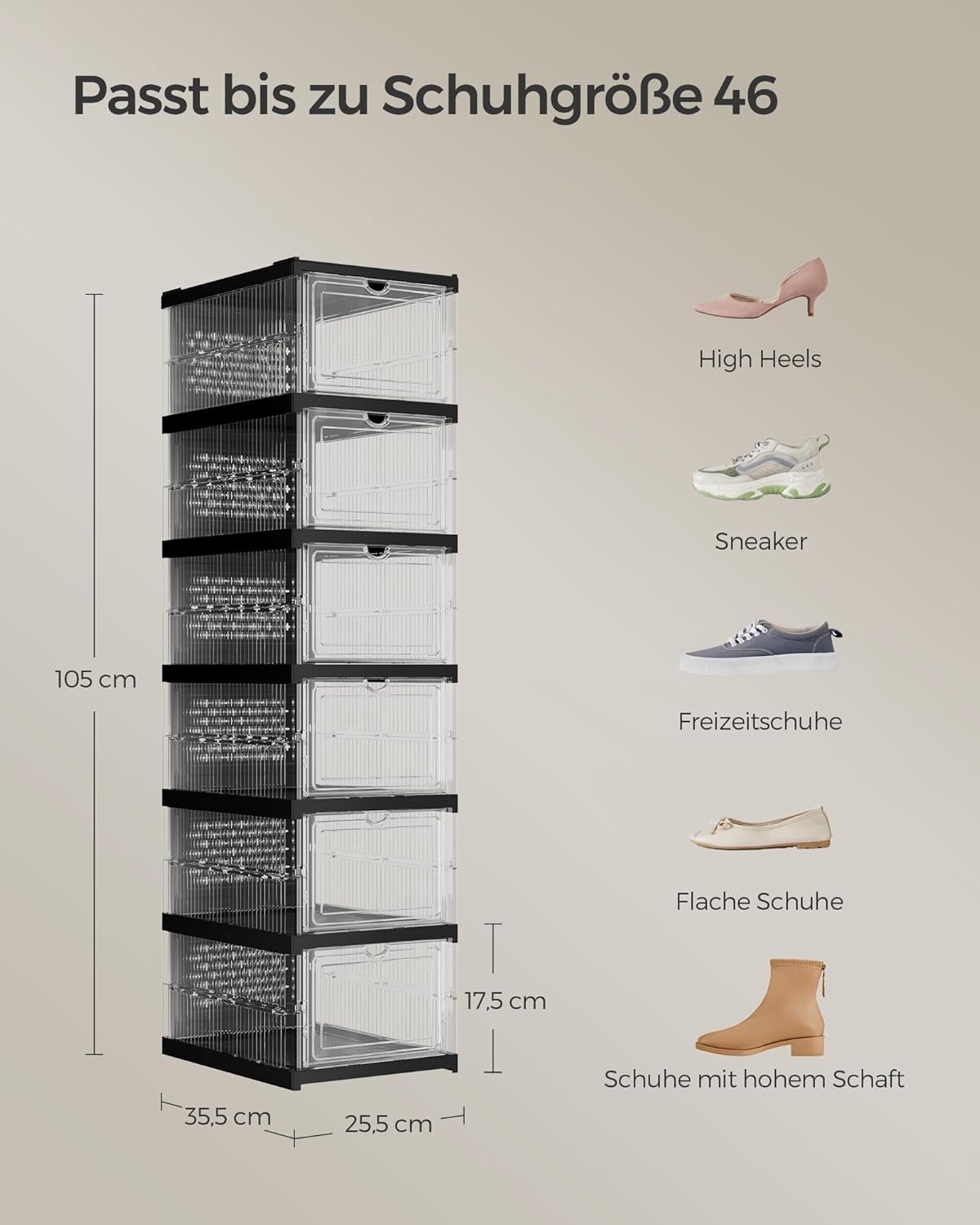 Faltbarer Schuhschrank mit Schuhboxen (Grösse bis 46), Transparent + Tintenschwarz 1