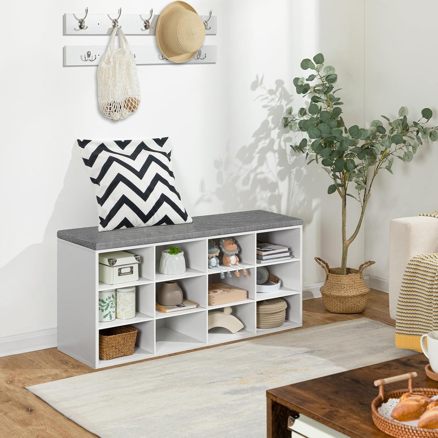 Garderobe-Schuhregal-Set mit Schuhbank und Hakenleiste, Weiss + Grau 100 x 30 x 48 cm (L x W x H)