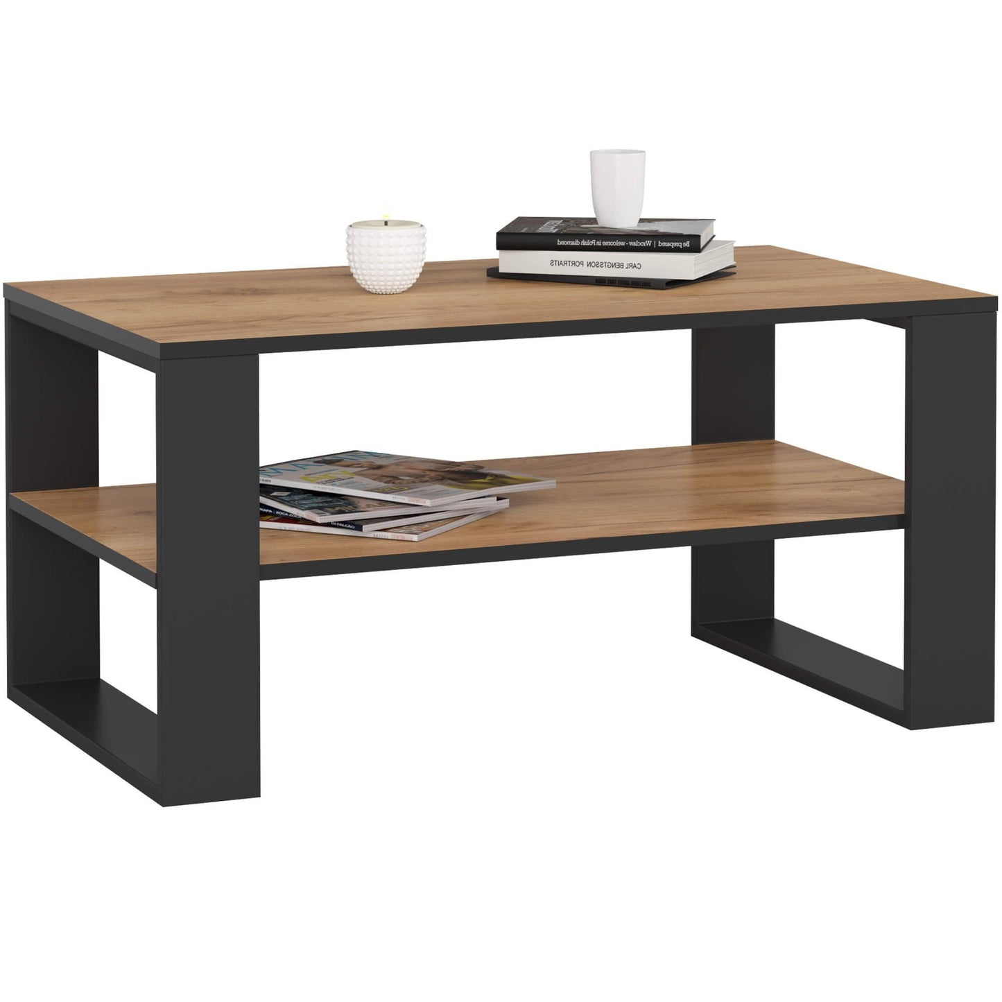 Minimalistischer Couchtisch mit Ablage, Handwerkliche Eiche Schwarz