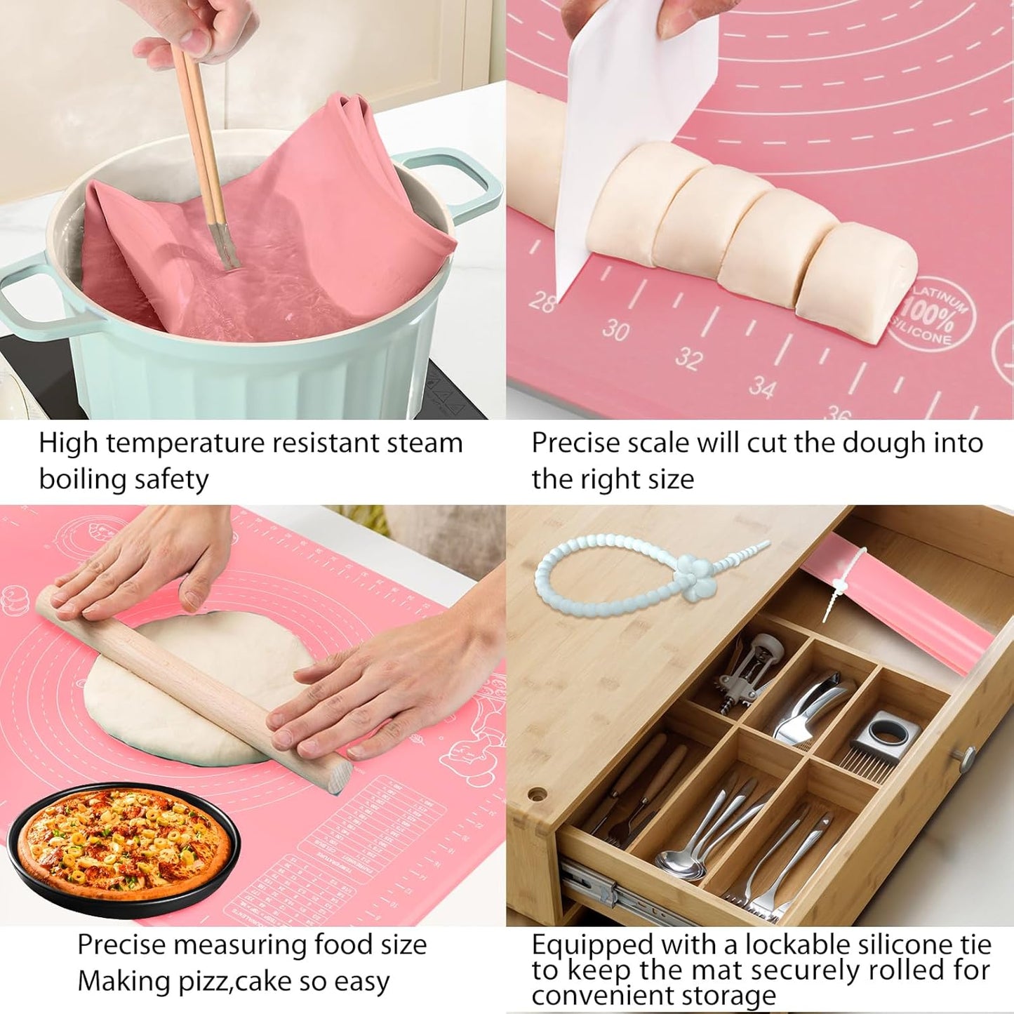 Rutschfeste Backmatte mit Messskalen und Kantenerhöhung, Rosa 80L x 60B cm