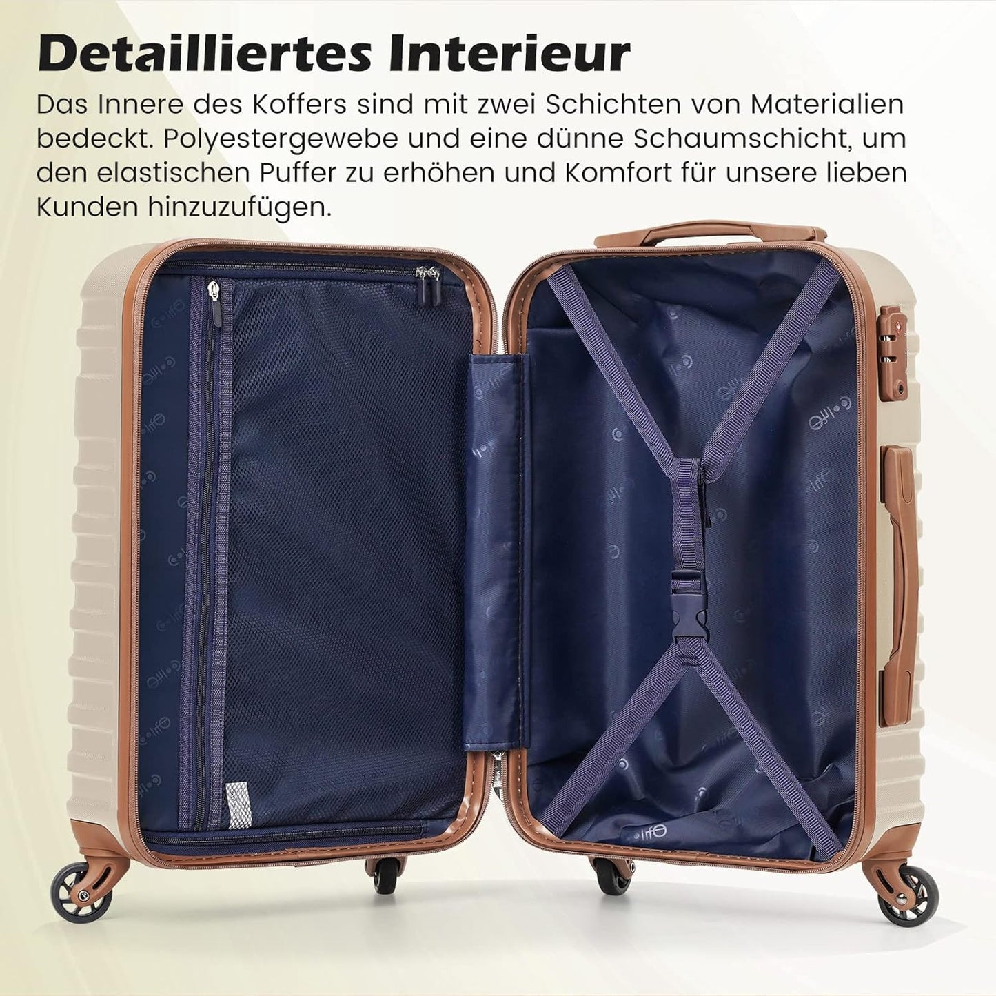 5-teiliges Reisekoffer Set, Weiss/Braun Koffer-Set 5tlg