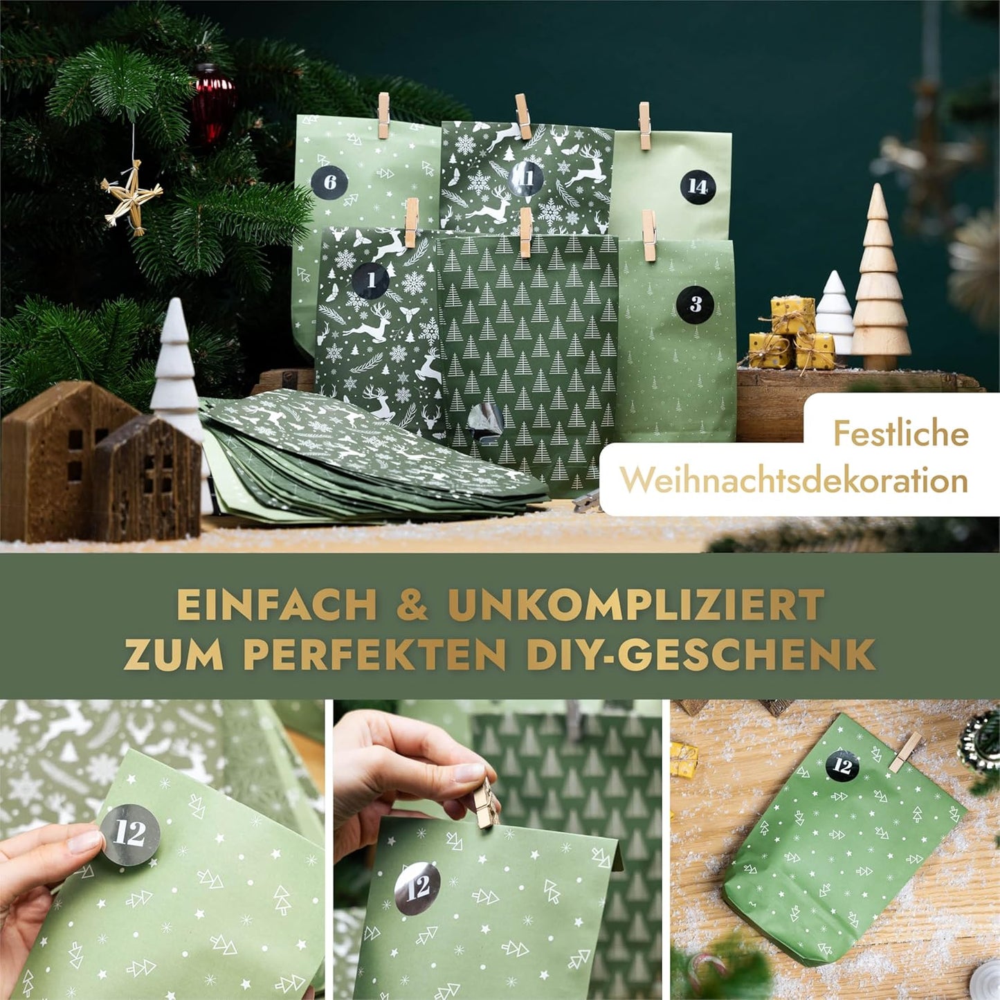 Adventskalender zum Befüllen - 24 Papiertüten-Set, Midnight Green