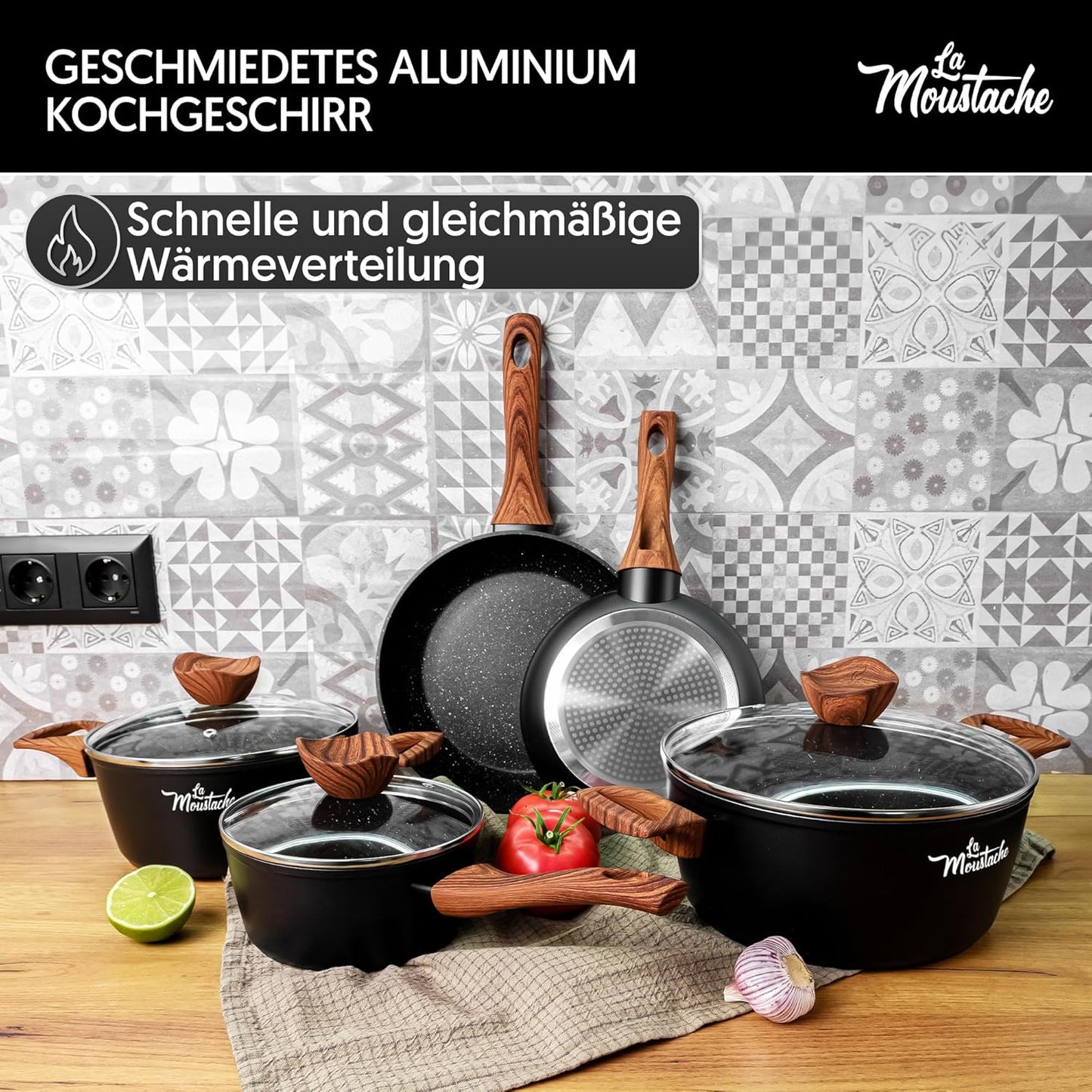 Antihaft-Kochgeschirr-Set für Induktion (8-teilig), 8 Stück Schwarz