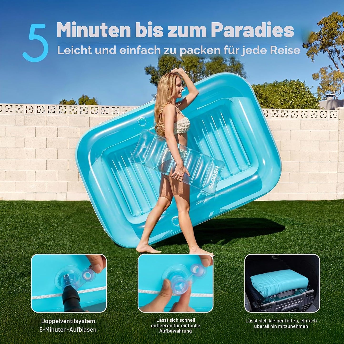 Aufblasbarer Sonnenpool mit abnehmbarem Kissen und Getränkehalter, Blau L