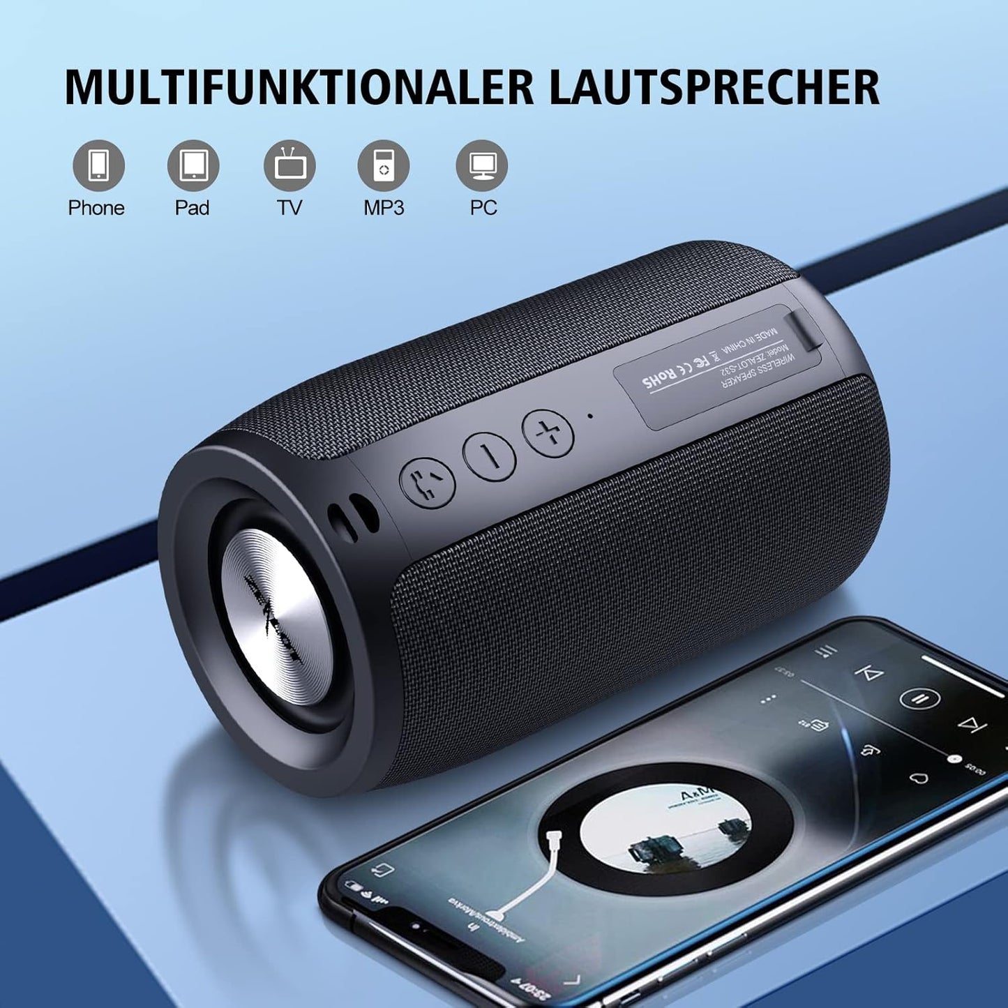 Bluetooth-Lautsprecher S32 mit IPX5 und 12h Spielzeit, Schwarz